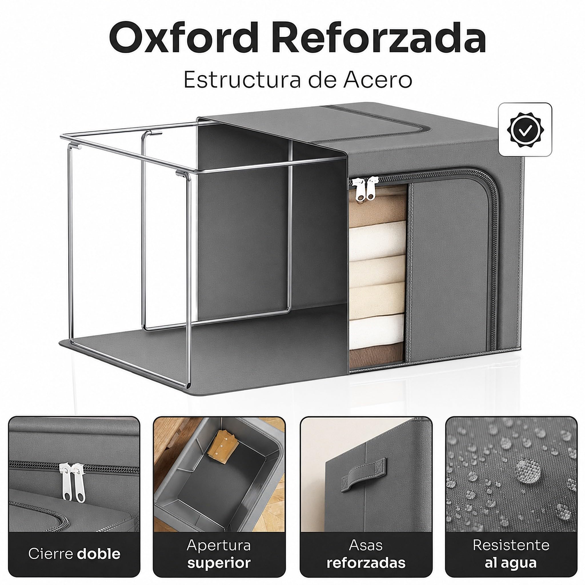 Cajas Almacenaje Ropa GRANDES Pack 2 · 66L (132L total) — Armario, Marco Metálico Rígido y Apilable, Plegable, Tela Oxford con Cremallera y Ventana Transparente Quitapelusas Incluido