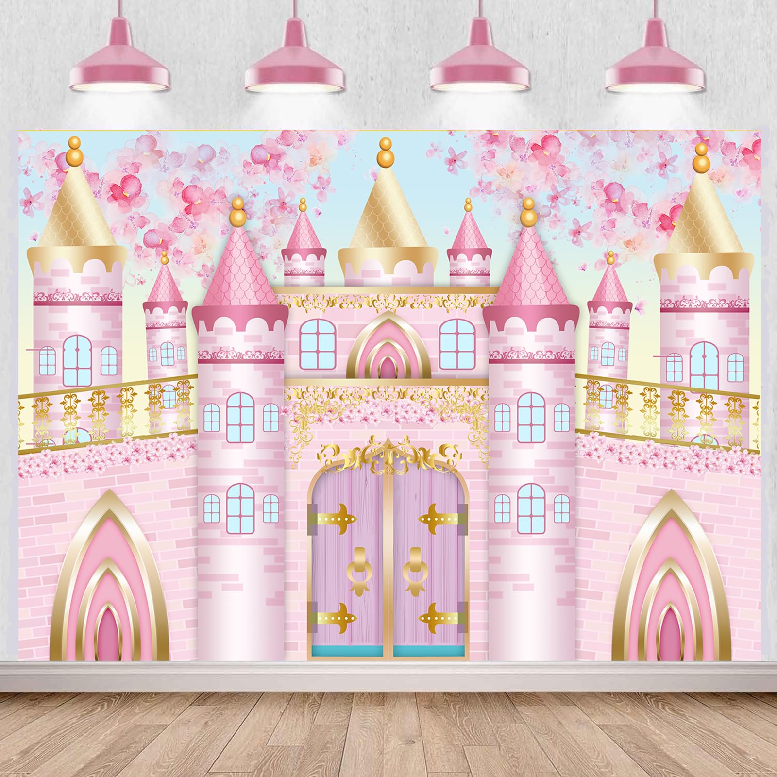 Withu Pink Princess Castle Backdrop Royal Castle Wall Floral Pastel Sakura Flowers Fantasy Fairy Tale Wonderland Photography Background Girls Birthday