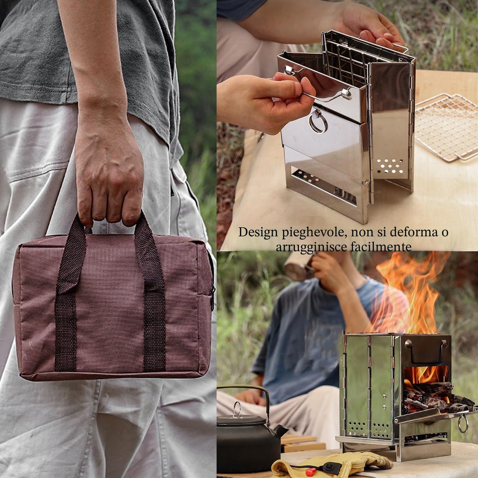 Stufa a Pellet Senza Canna Fumaria da Interno Piccola, Portatile e Pieghevole per Campeggio Con Borsa Portaoggetti (210 * 200 * 270mm)