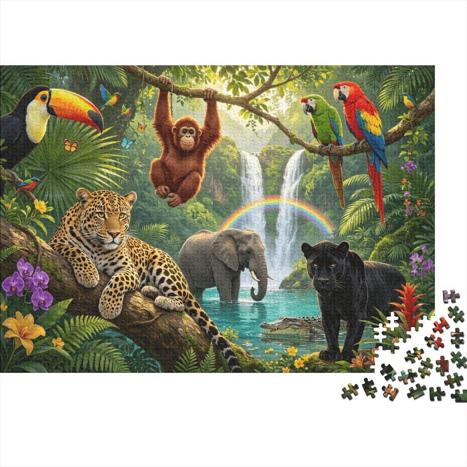 Rainforest Animals Jigsaw Puzzle 1000 Piece Recyclable Material Tropical Wildlife Puzzles for Elderly Relieve Senile Dementia Fun Activity Great Gift Idea 38x26cm/1000pcs