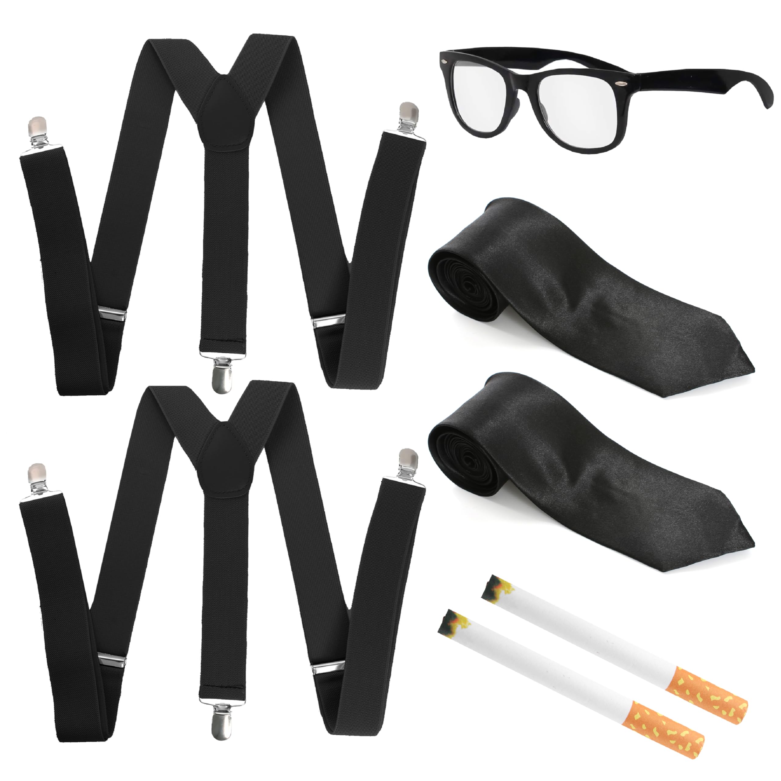 1950's East End Gangster Twins Accessory Set - Black Glasses With Clear Lenses, 2x Fake Cigarettes, 2x Black Neckties and 2x Adjustable Braces - Perfect for Themed Fancy Dress