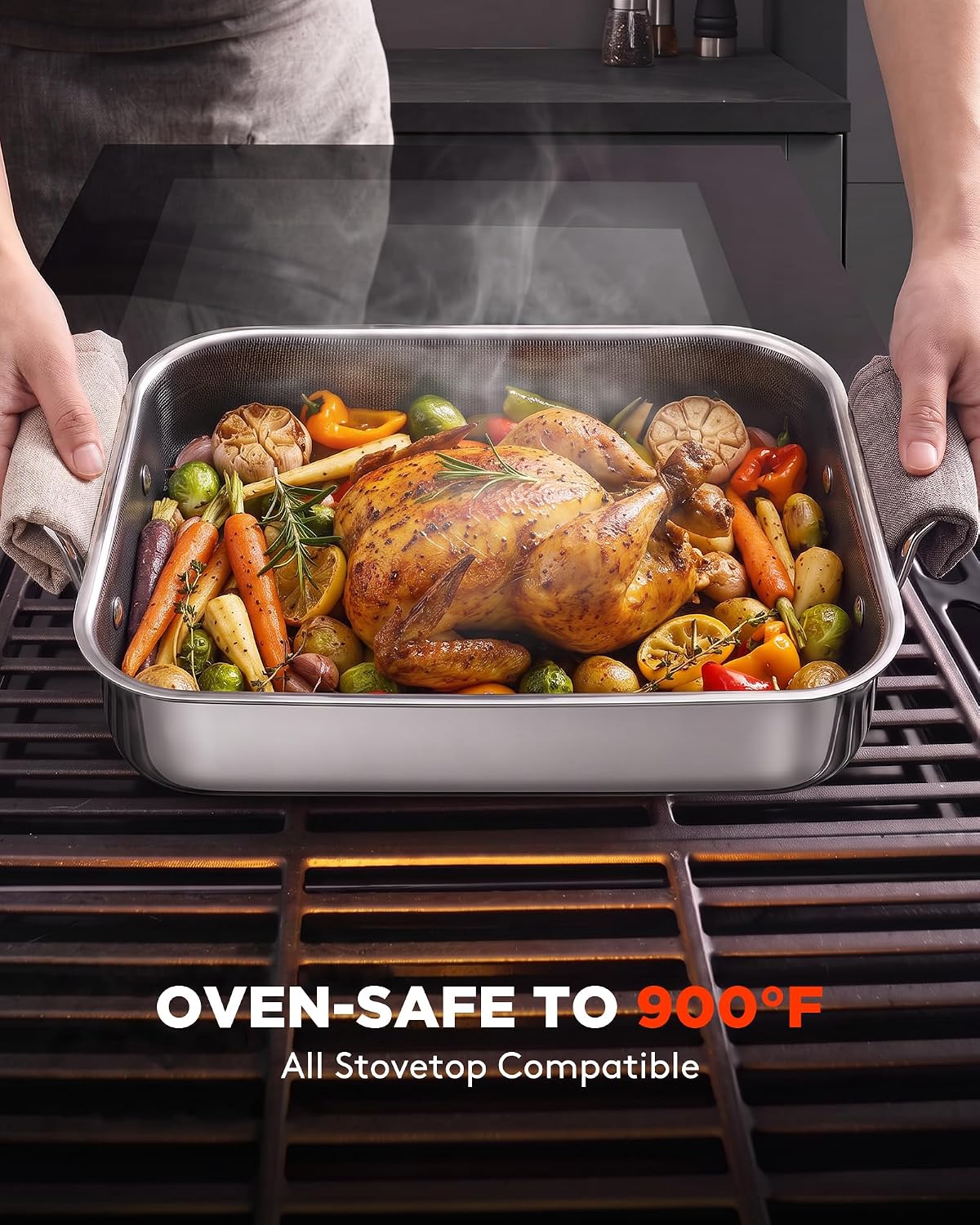 Roasting pan, Hybrid 13 x 10 Inch Non stick Stainless Steel Roasting Pan, Dishwasher Safe, Oven Safe to 600°F, Compatible with All Cooktops