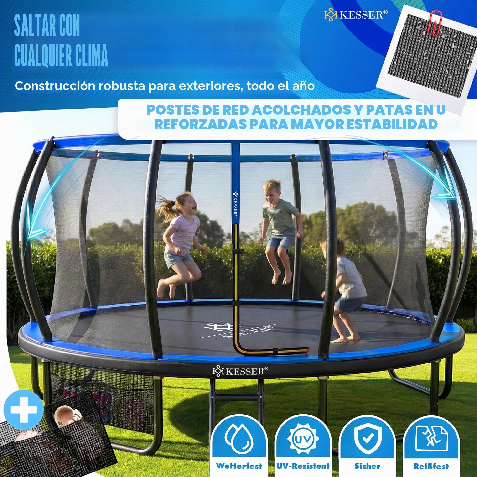 KESSER® Trampolín exterior Ø 244/305/366/427 cm, certificado GS, cama elástica de jardín para niños y adultos < 150 kg con red de seguridad, incluye bolsa, escalera, cubierta de borde y barras de red