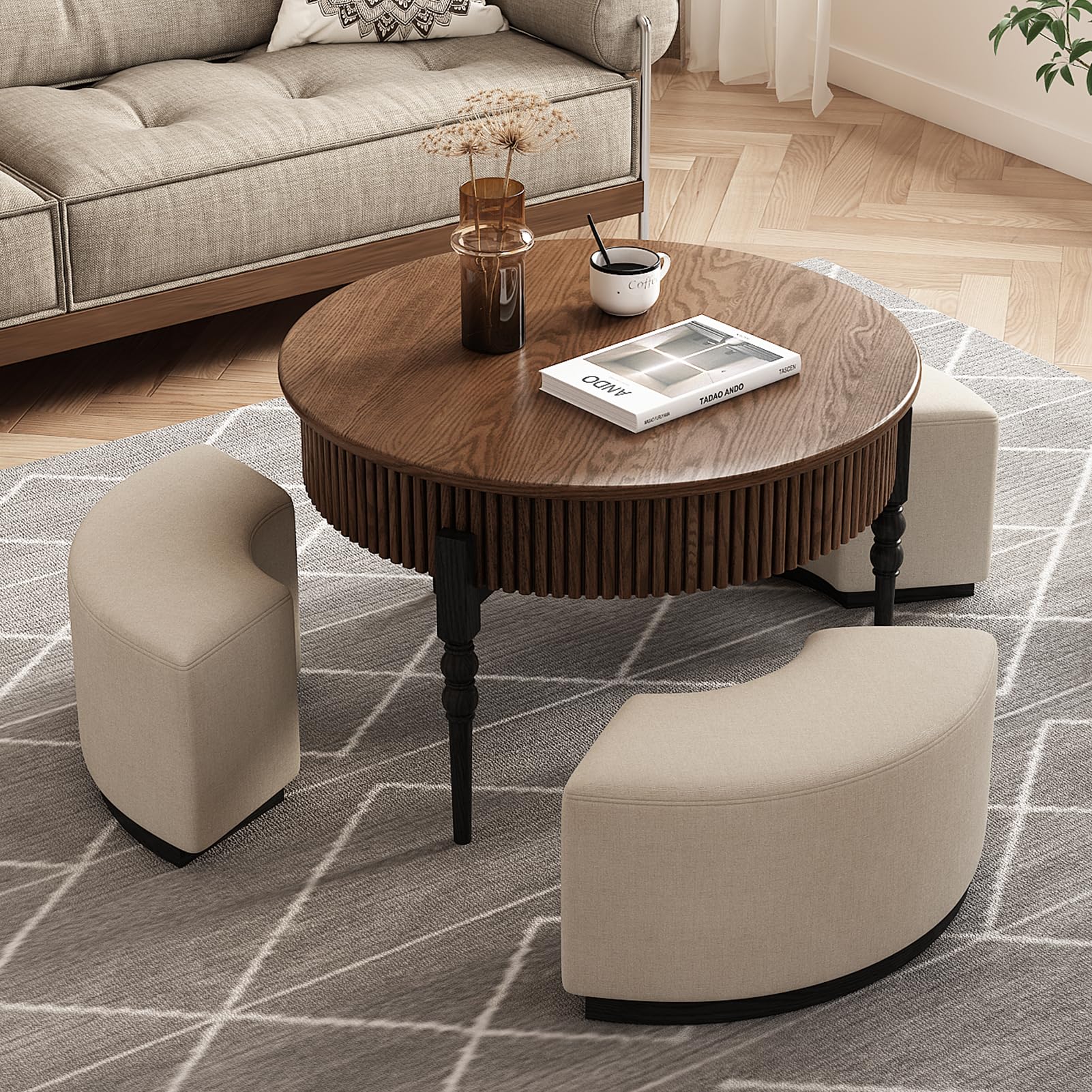 Lartis Modernes rundes Couchtisch-Set, Walnuss-Finish mit Stauraumschublade und Hockern, 2-teiliges Set für das Wohnzimmer