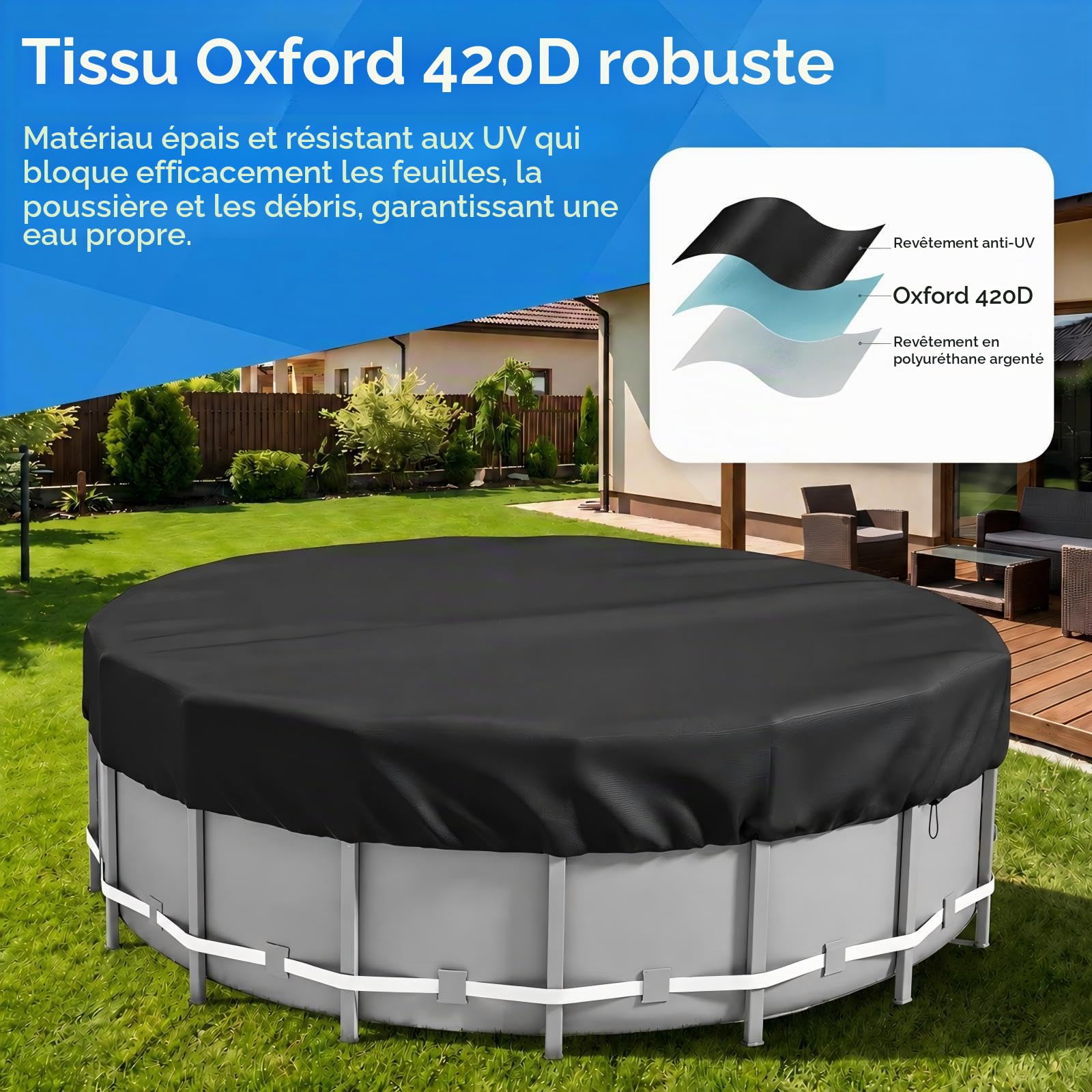 Bache Hivernage Piscine Hors Sol 366, PU 420D éPais Bache Piscine Ronde, Coupe-Vent et RéSistant aux DéChirures Bache sous Piscine avec Corde de Traction, Clous de Sol et Sac de Rangement