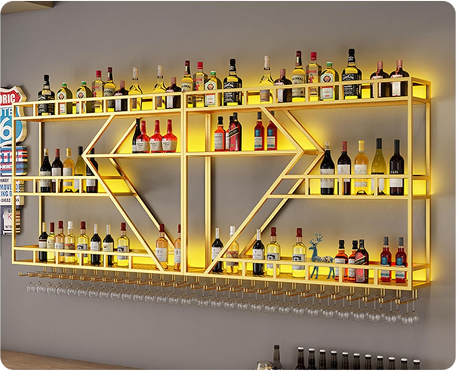 Wine Rack Wall Mounted Bar Shelves with Hanging Wine Glass Holder Rack and LED Light Liquor Bottle Display Shelf Floating Bar Shelves Whiskey Shelf Kitchen Wall Cabinet for Home Bar Cafe Dining Room (