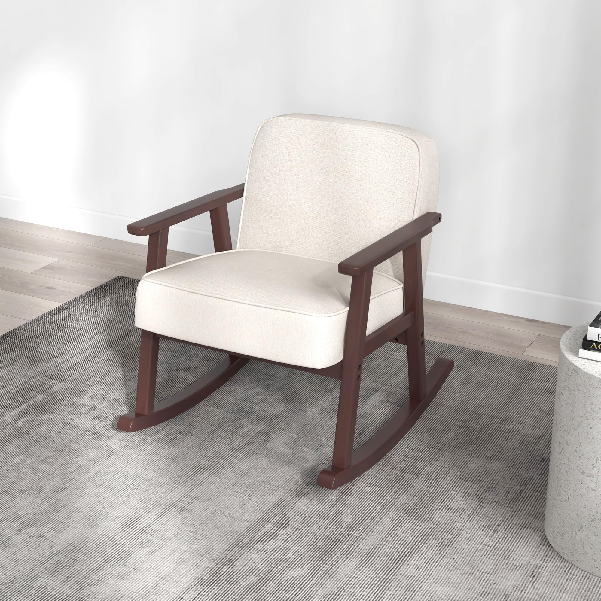 HOMCOM Poltrona a Dondolo per Interni in Tessuto Effetto Lino e Legno con Braccioli e Cuscini, 66x78x76 cm, Beige e Marrone