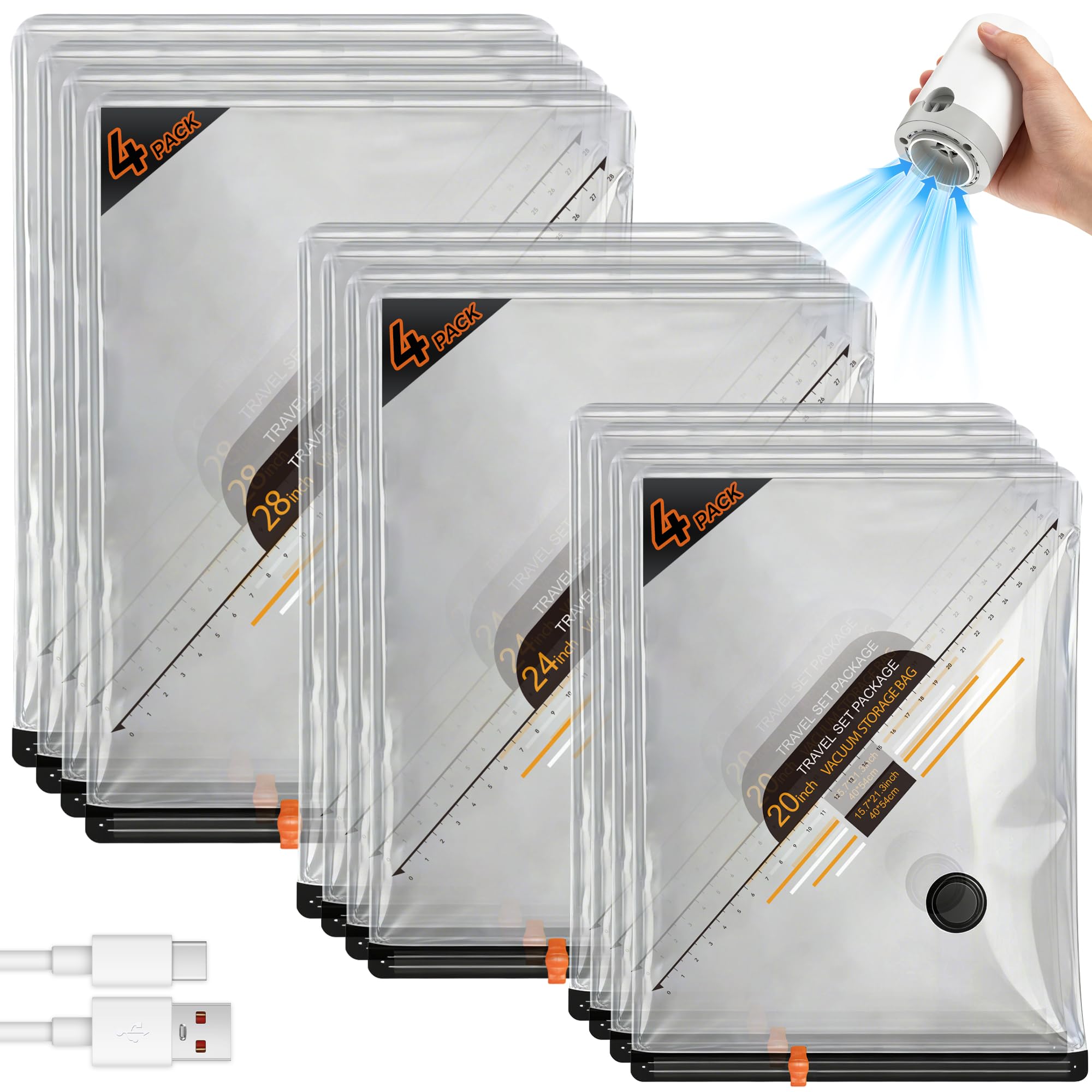 Vacuum Storage Bags for Travel with Rechargeable Cordless Pump, 12 Pack Fast Compression Packing Seal Bags for Clothes Bedding, Luggage, Backpack and Suitcase, Space Saver Storage Organizer, 4S/4M/4L