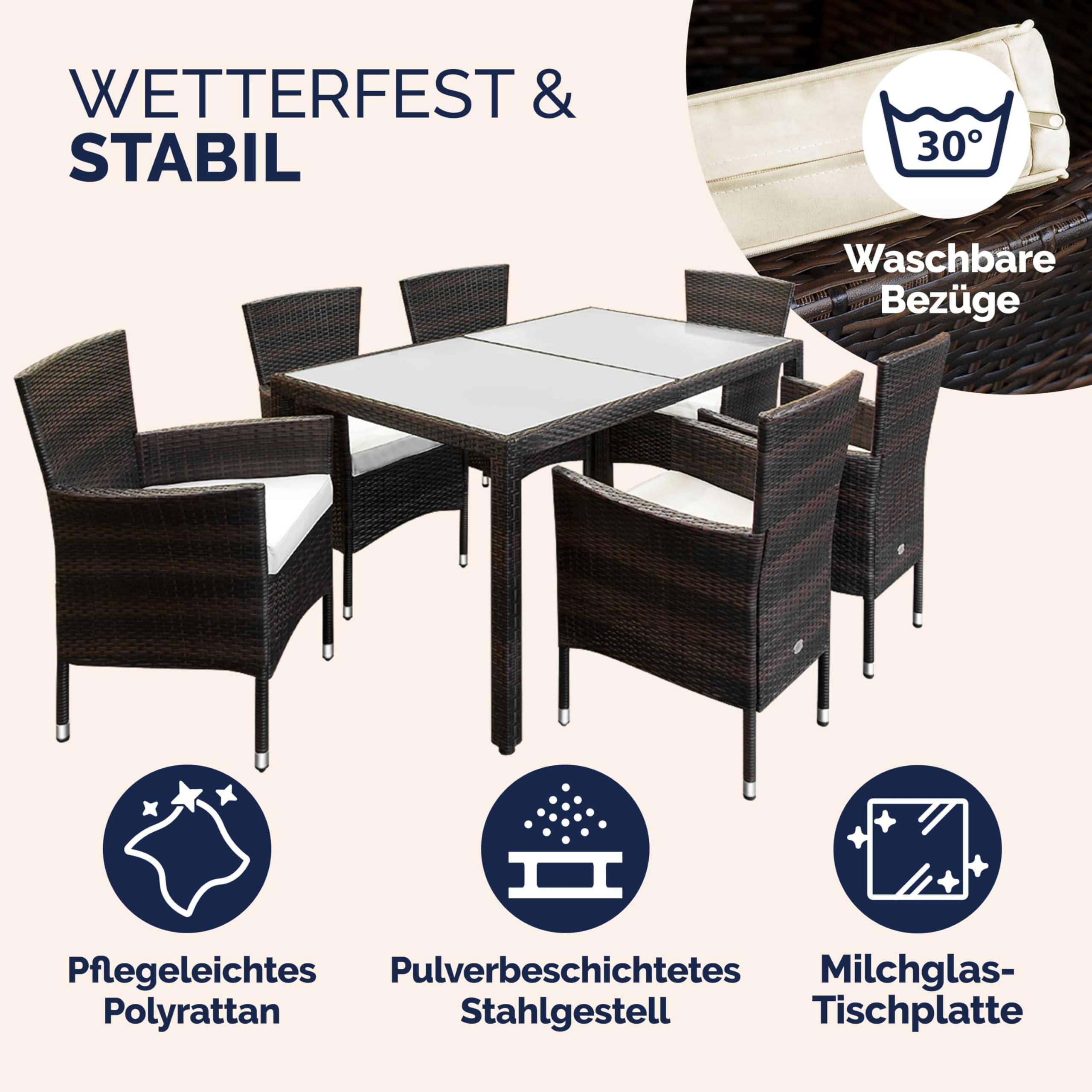 Casaria® Gartenmöbel Set 6 Personen Stühle inkl. 7cm Polster Tisch 150x90cm Balkonmöbel 160kg Belastbar Wetterfest Polyrattan Stapelbar Terrasse Möbel braun