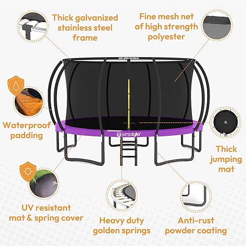 Miniatura 77 de Jumpzylla - Cama elástica recreativa para niños, con red de seguridad, escalera y revestimiento antioxidante, de 8, 10, 12, 14, 15 y 16 pies