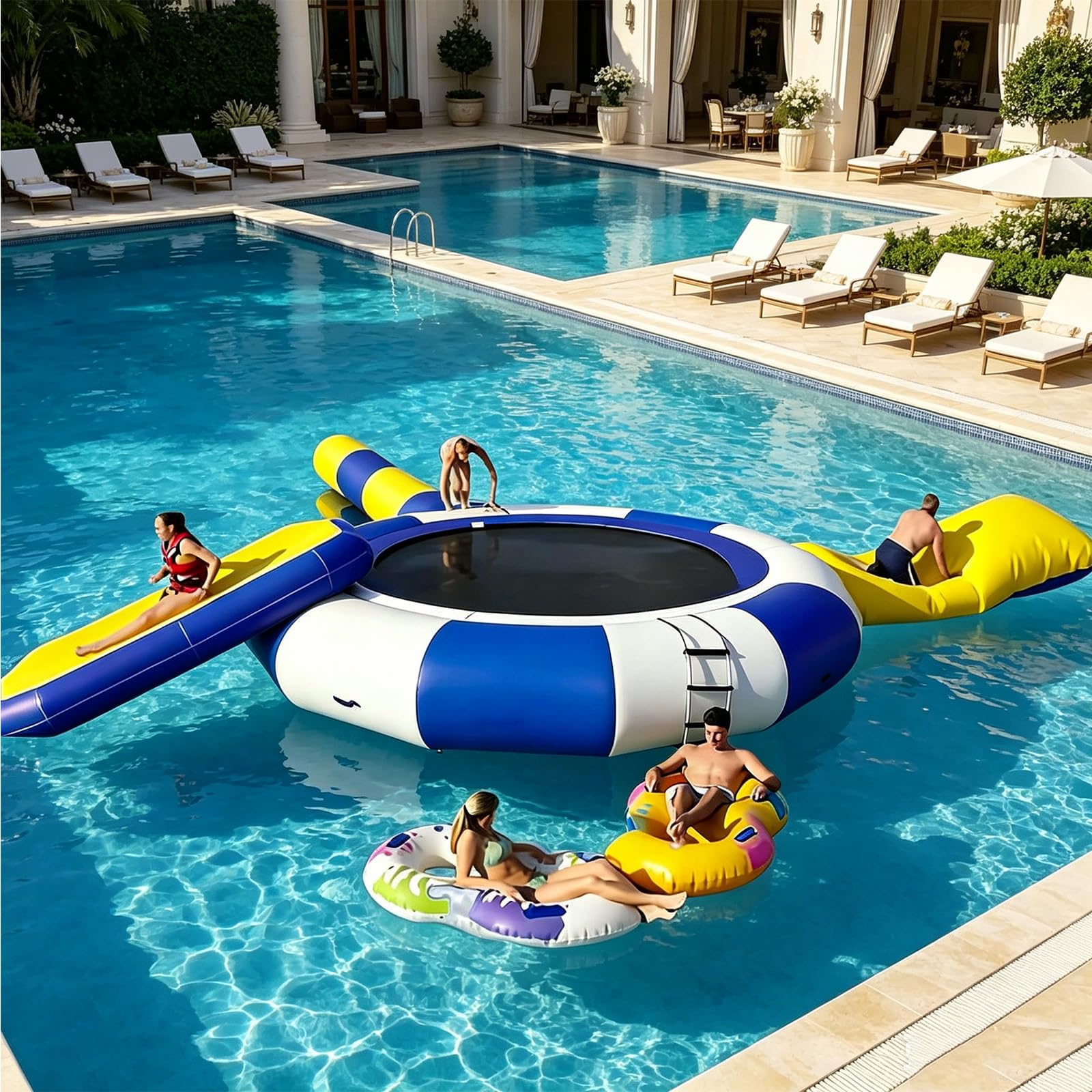 NSACMD Inflatable Water Trampoline for Lake & Water Park – 10/13/16FT with Slide, Tube & Jump Bag – PVC Floating Bounce Platform
