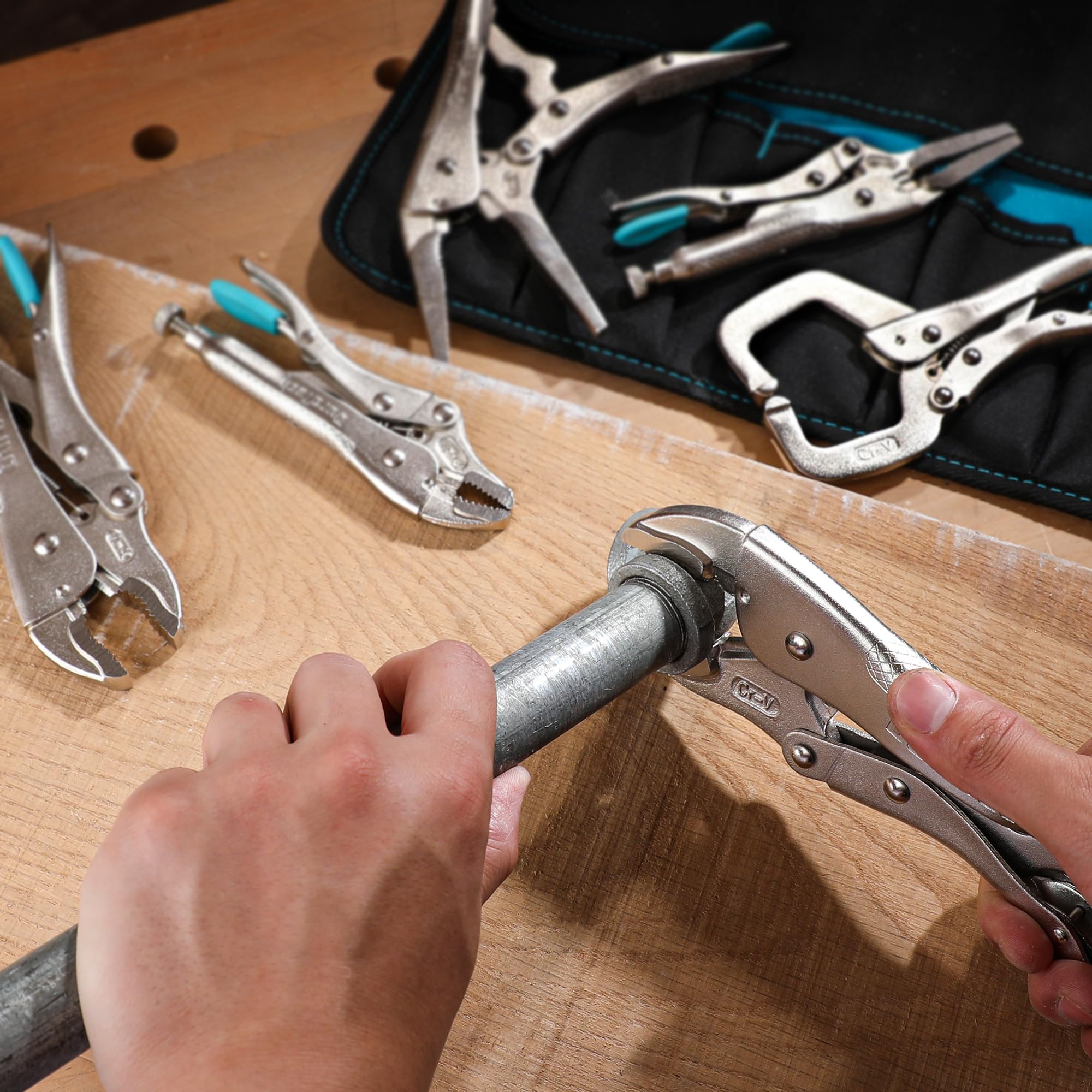 DURATECH Jeu de 6 Pinces-Étaux avec 2 Becs Longs de 16,5 cm et 24 cm, 3 Mâchoires Courbes de 12,7 cm, 17,8 cm et 25,4 cm et 1 C-clamp de 15 cm, Étui Roulable Pratique pour Bricolage et Réparation