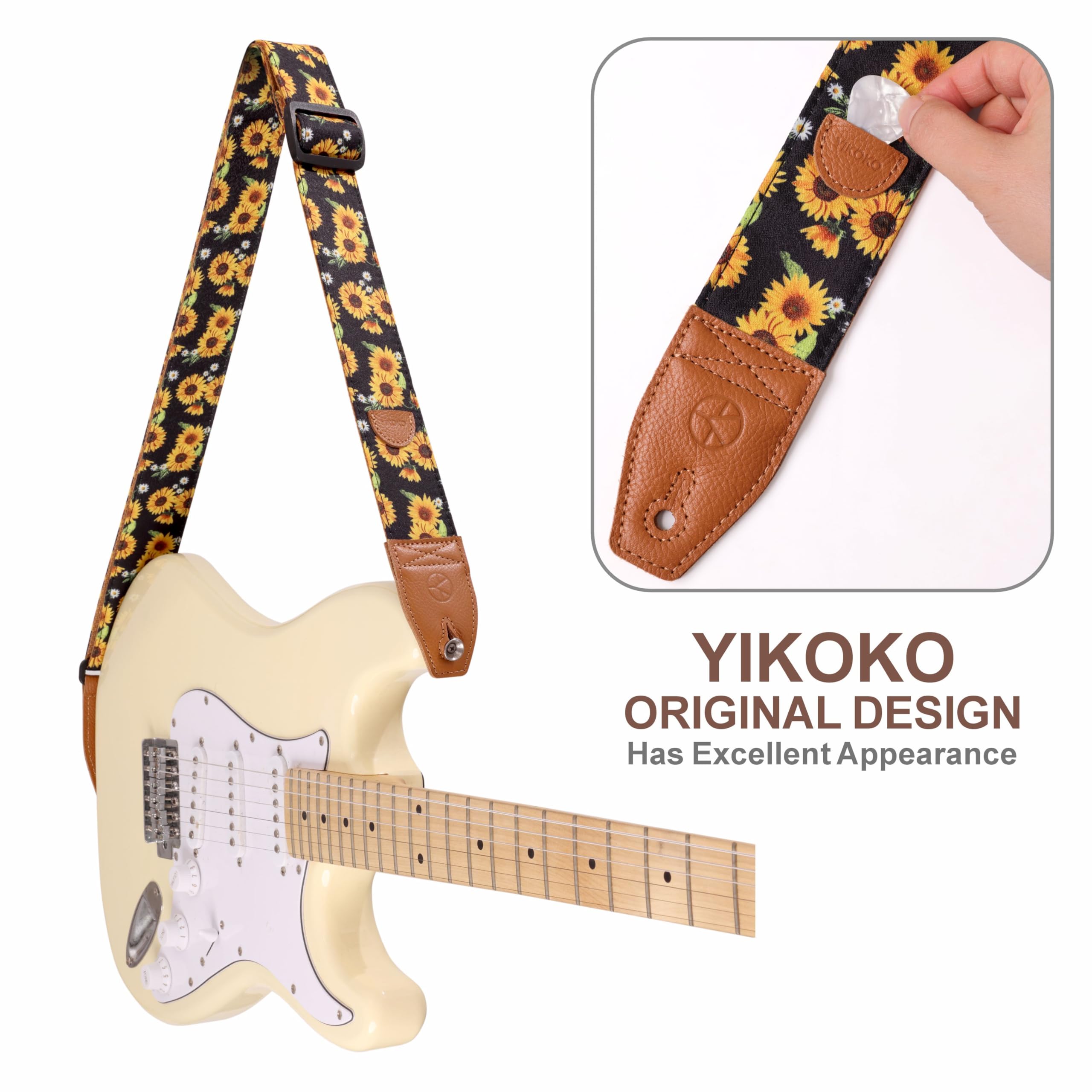 YIKOKO Guitar Strap 2", Cotton Print Floral Guitar Straps with Full Grain Leather End, for Bass Electric and Acoustic Guitars - Image 3