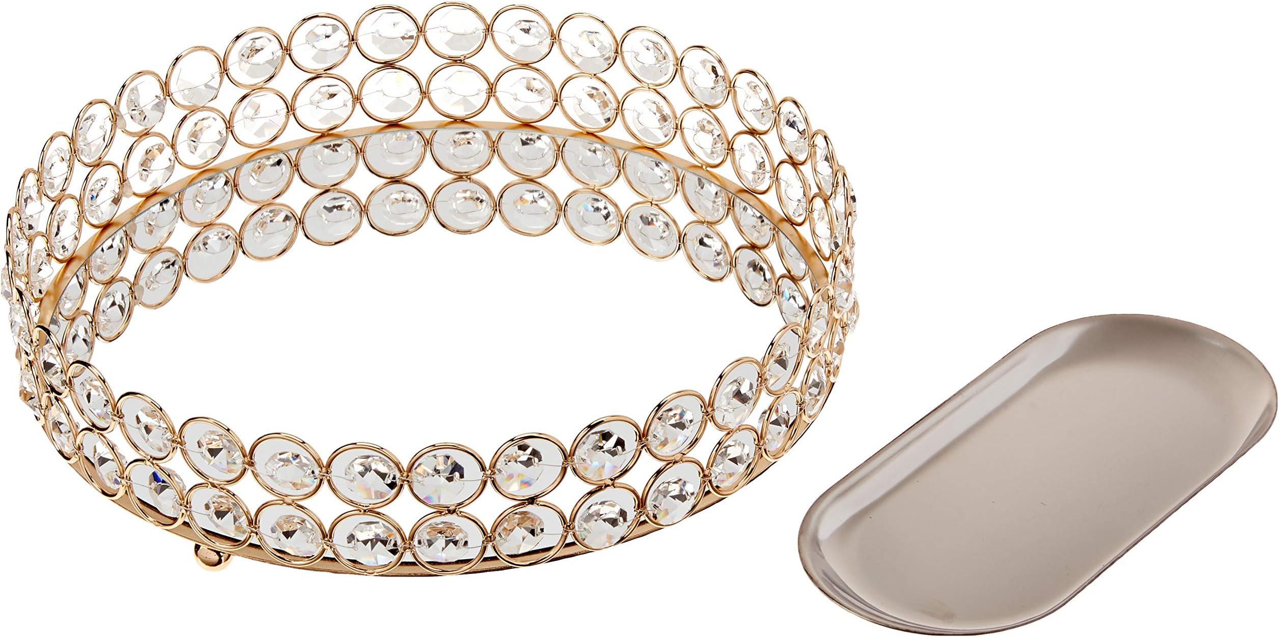 Crystal Decorative Tray Metal Mirrored Perfume Cosmetic Organizer Jewelry Trinket Display Storage Vanity Trays Home Décor Accents Luxury Gift (Round, 10in, Gold)