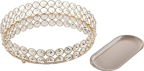 LINDLEMANN Bandeja decorativa Bandeja de tocador de cristal adornado con espejo de metal Diseño elegante para perfumes, joyas, Pascua (redonda, 10