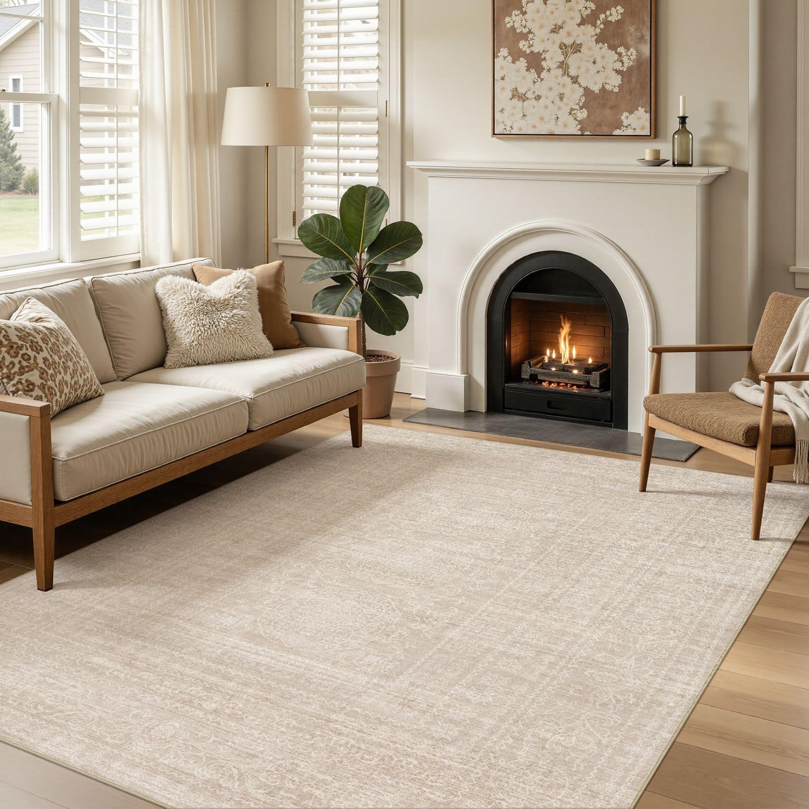 DMOYEST 160x230 Teppich Wohnzimmer Beige Vintage Waschbar | Waschbarer Kurzflor Teppiche mit Rutschfester, Weich und Dünn, für Schlafzimmer Esszimmer Büro, Kind und Haustierfreundlich