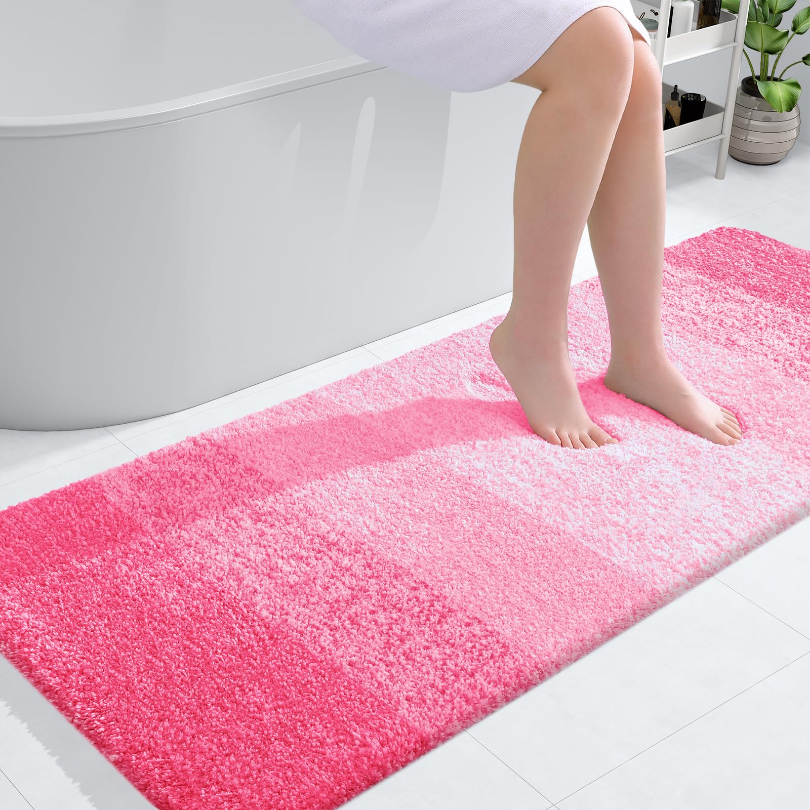 OLANLY Bathroom Runner Rug 54x24, Extra Soft Absorbent Microfiber Bath Rugs | Pink, Non-Slip Quick-Drying Rubber Backing, Machine Washable Long Bath Mat for Floor, Tub and Shower, Home Decor Accessories