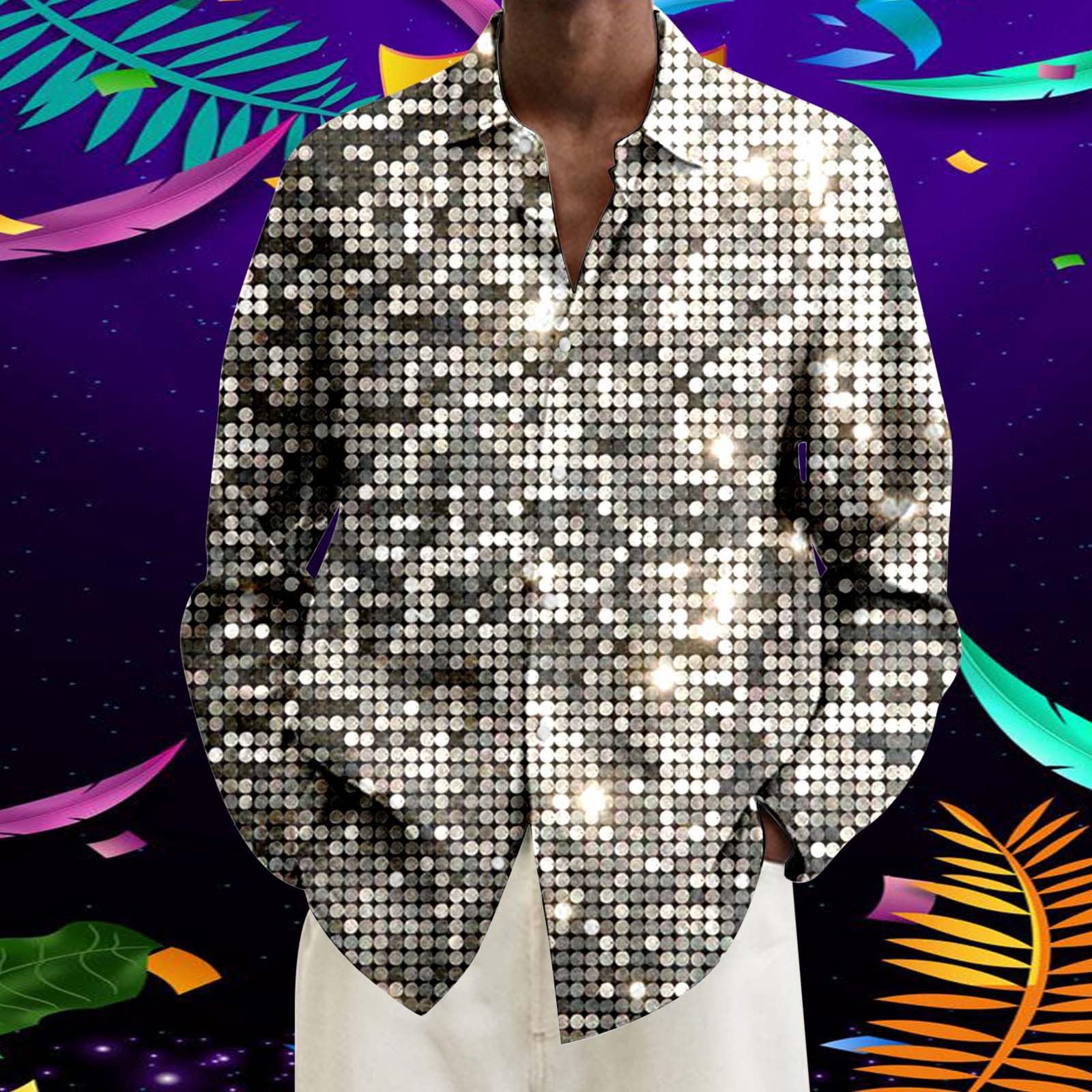 Déguisement Disco Homme Chemise Hippie Chemise À Manches Longues À Rever et Imprimé Numérique pour Homme Grande Taille Annees 70 Adulte Costume Disco Tshirt Fluo Fête Soirée
