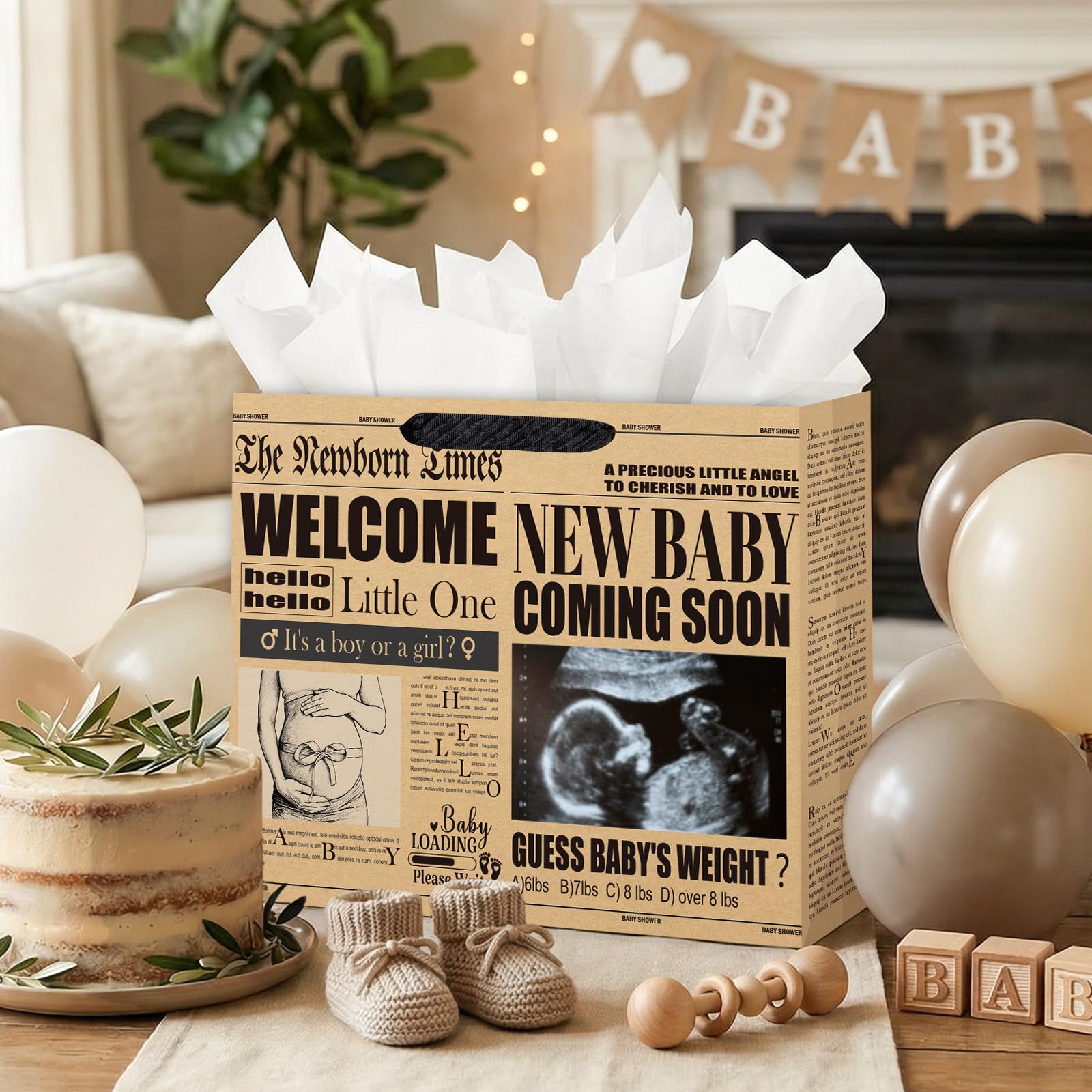Loveinside 13" Large Baby Shower Newspaper Gift Bag, Vintage Welcome New Baby Design, Gender Neutral Kraft Party Bag with Tissue Paper for Pregnancy Announcement, Newborn Gifts, 13" x 5" x 10", 1 Pcs