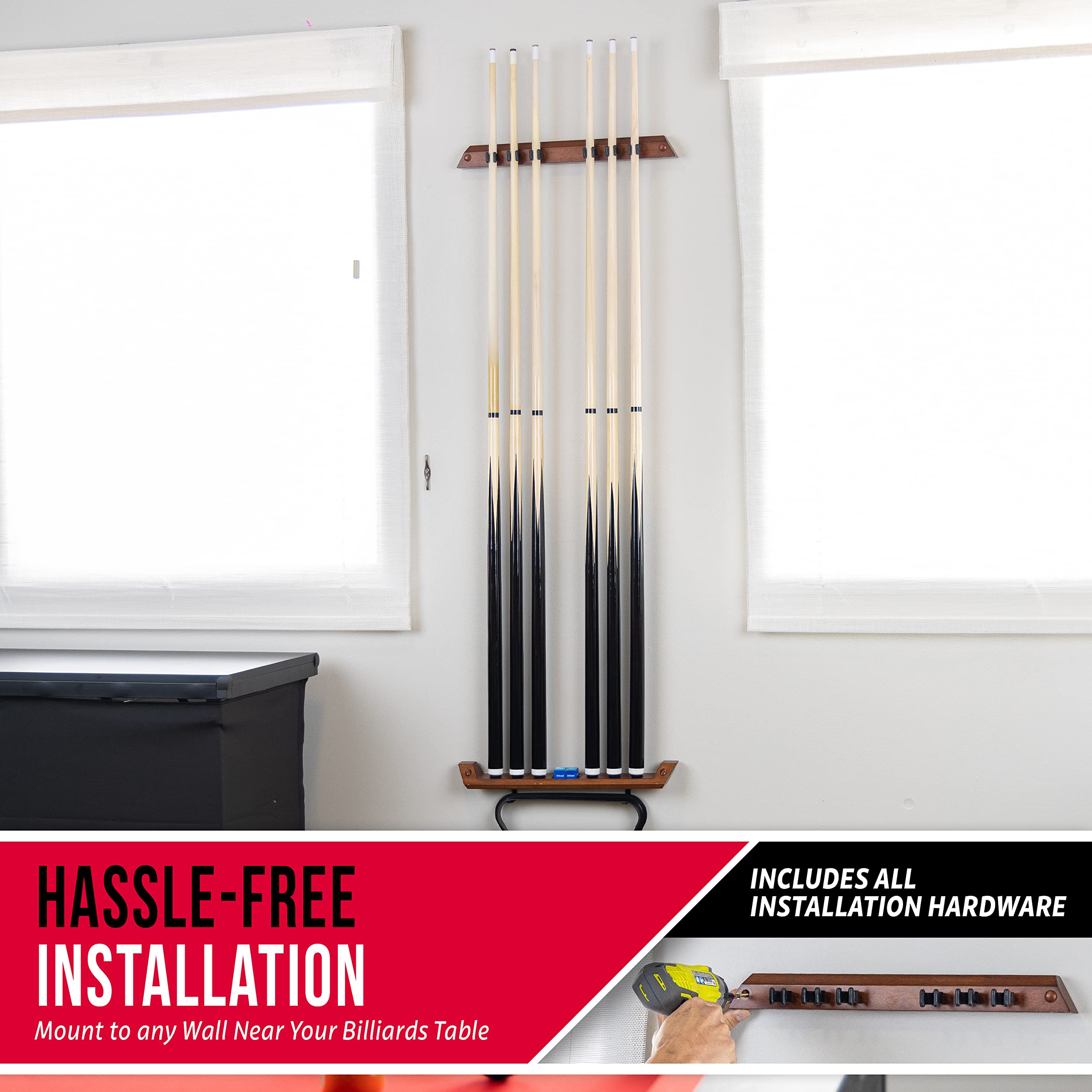 GoSports Billardqueue-Halter zur Wandmontage, für 6 Billardqueues und 2 dreieckige Regale, Braun