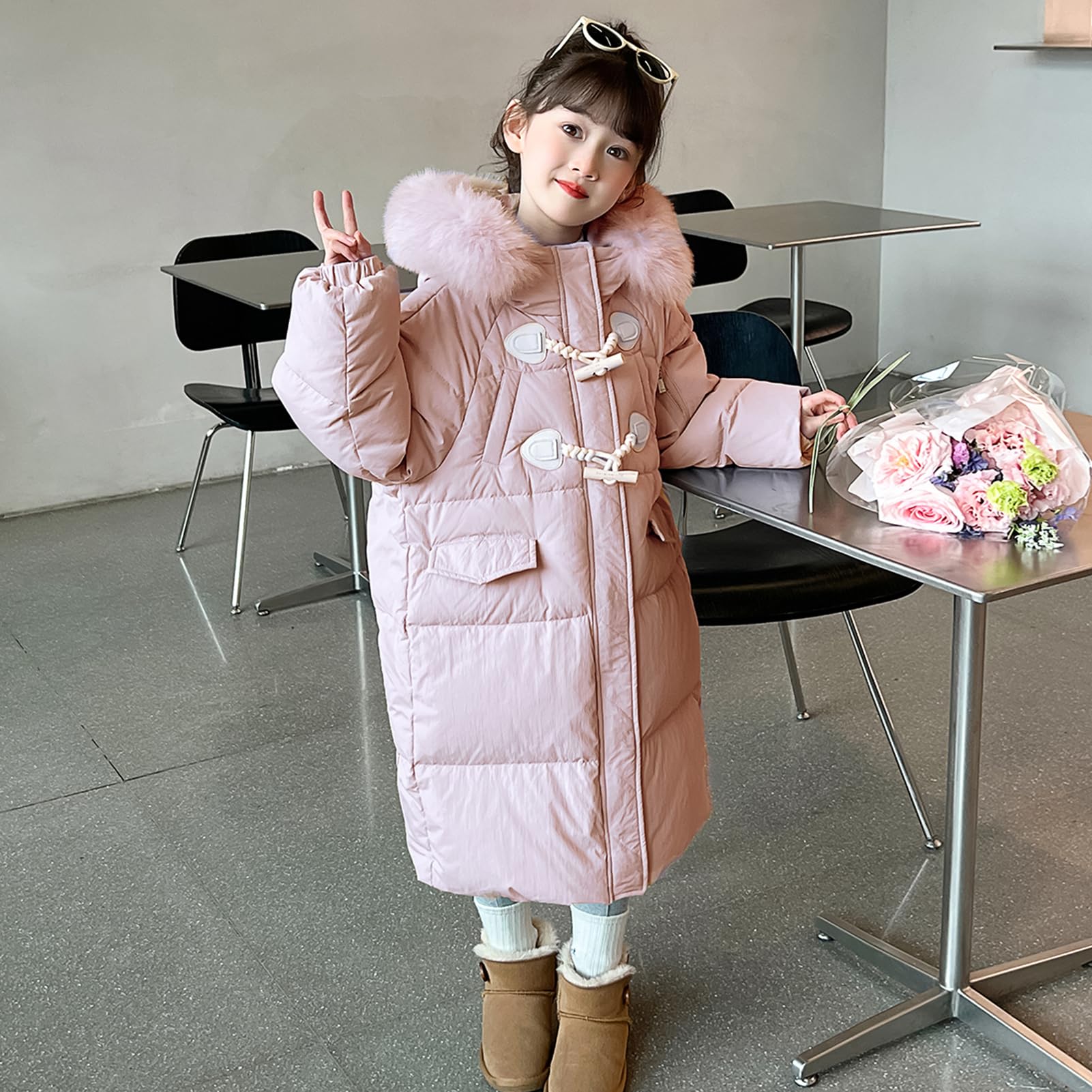 Bambina Giacca di Cotone Lunga Spessa Cappotto con Cappuccio di Pelliccia Giubbotto Trapuntato Antivento per Inverno