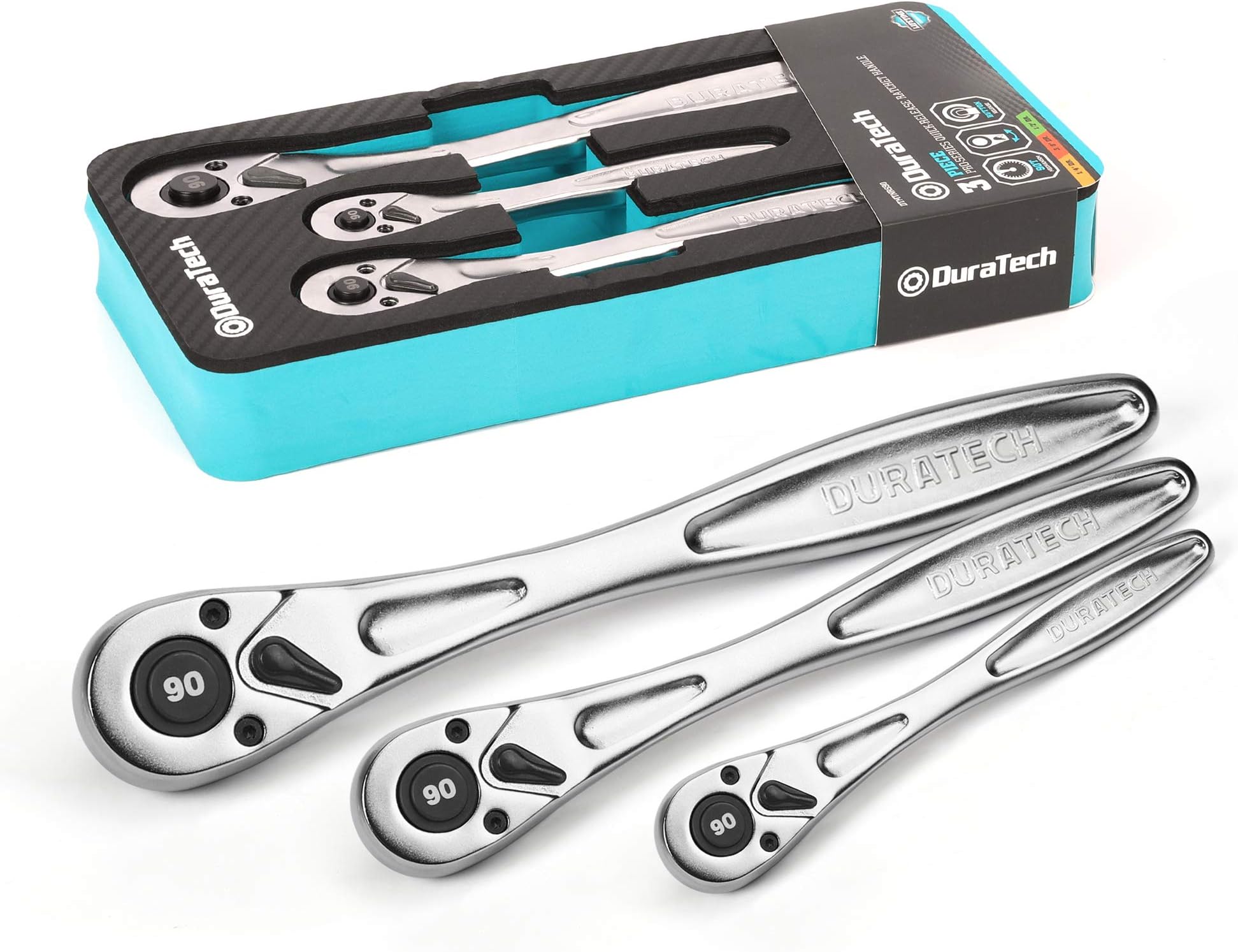 DURATECH 3-Piece Heavy Duty Ratchet Set, 1/4”, 3/8”, 1/2” Drive Ratchet Handle, Professional Ratchet Set, 90-Tooth, Quick-release Reversible, Premium Chrome Alloy Made, with EVA Organizer