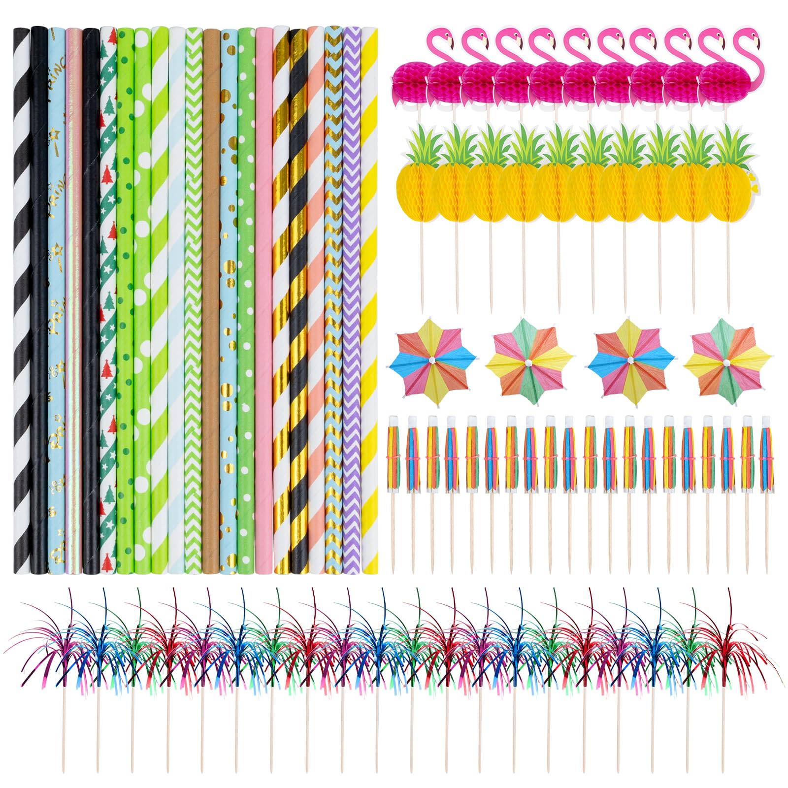 100pcs Cocktail Accessories for Drinks, Cocktail Party Decorations Including 3D Paper Cocktail Umbrellas, Reuseable Cocktail Straws, for Summer Beach, Bar, Birthday, Picnics F6-XWYZSTZ