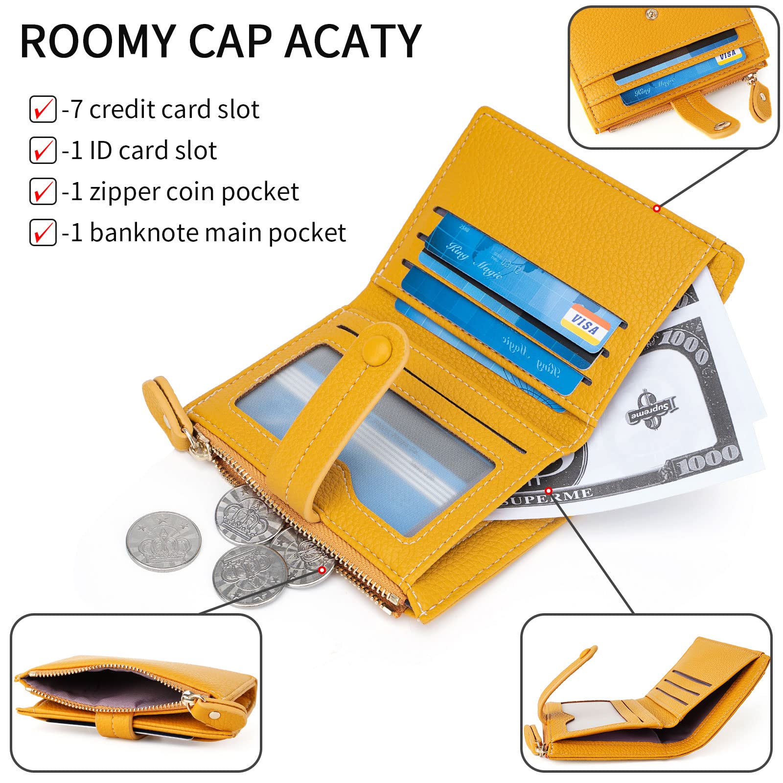 HKCLUF Portafoglio Donna Pelle Piccolo Blocco RFID Portamonete Cerniera Porta Carte di Credito Tanti Scomparti(A02-Giallo)