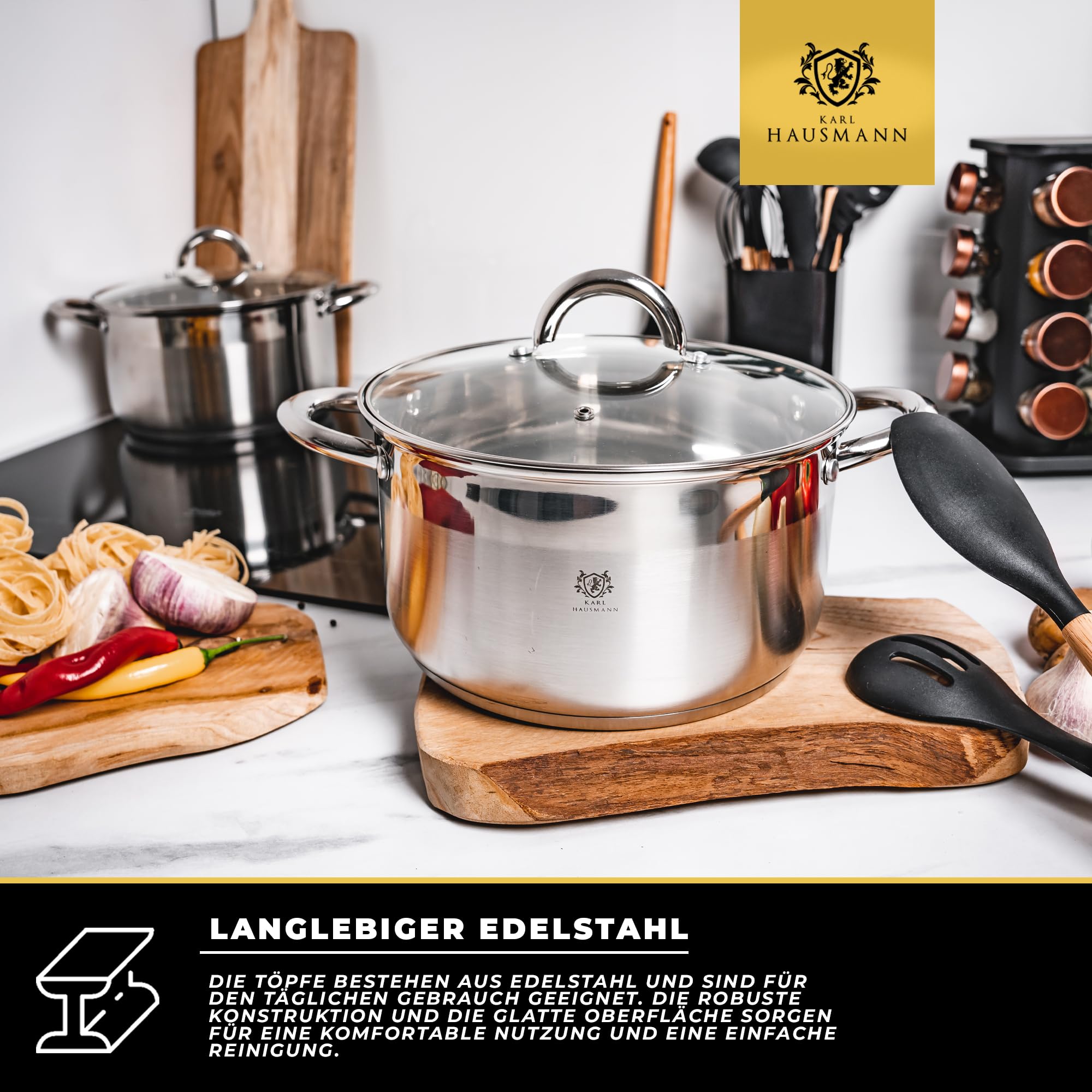 KARL HAUSMANN Edelstahl Topf - 2L - Ø 18 cm - Kochtopf Induktion für alle Herdarten Geeignet - Edelstahltopf mit Deckel - Suppentopf - Spaghettitopf - Stainless Steel Pot - Töpfe - Kochtöpfe