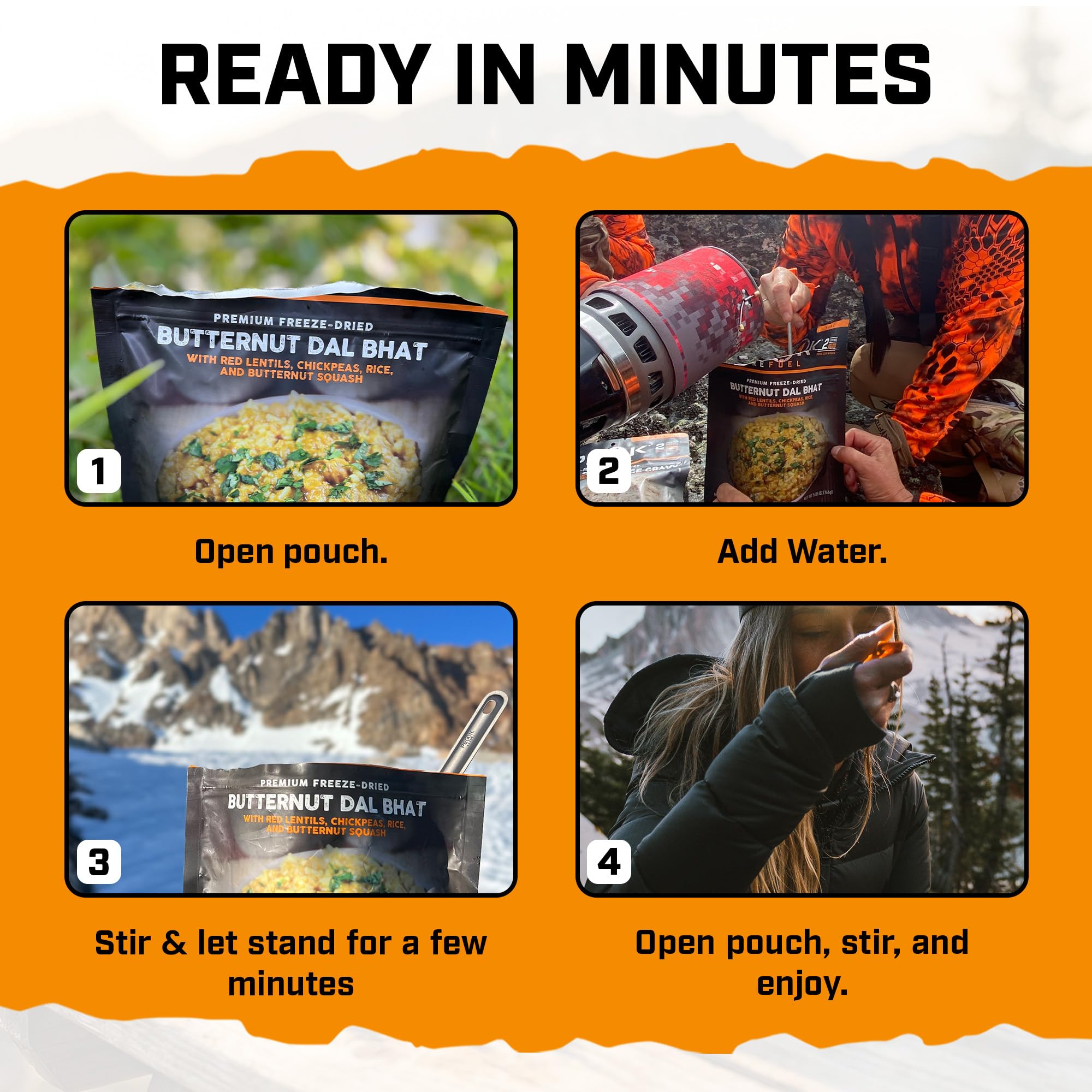 Peak Refuel Butternut Dal Bhat | Alimenti da campeggio liofilizzati | Gusto e qualità incredibili | Alto contenuto proteico | Carne vera | Preparazione rapida (2 sacchetti da portata)