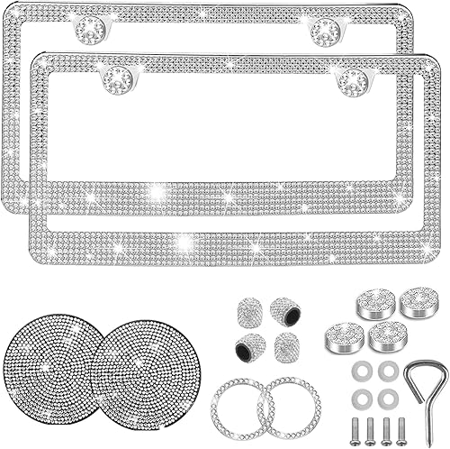 Marco de matrícula con diamantes de imitación de color blanco, 2 unidades, marco de matrícula de automóvil, marco de matrícula brillante, marco de