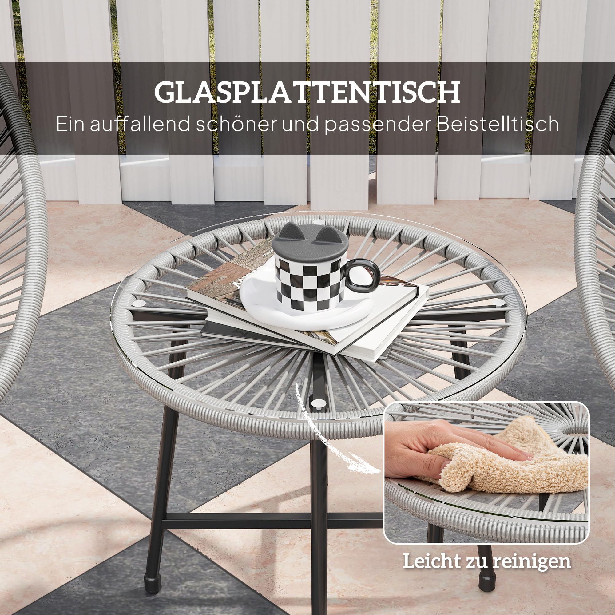 Outsunny Polyrattan Gartenmöbel Set, Outdoor Lounge Balkonmöbel für 2 Personen, 3-teilig Sitzgruppe mit 2 Stühle, Tisch, wetterfest Gartenlounge für Garten, Terrasse Balkon, Grau