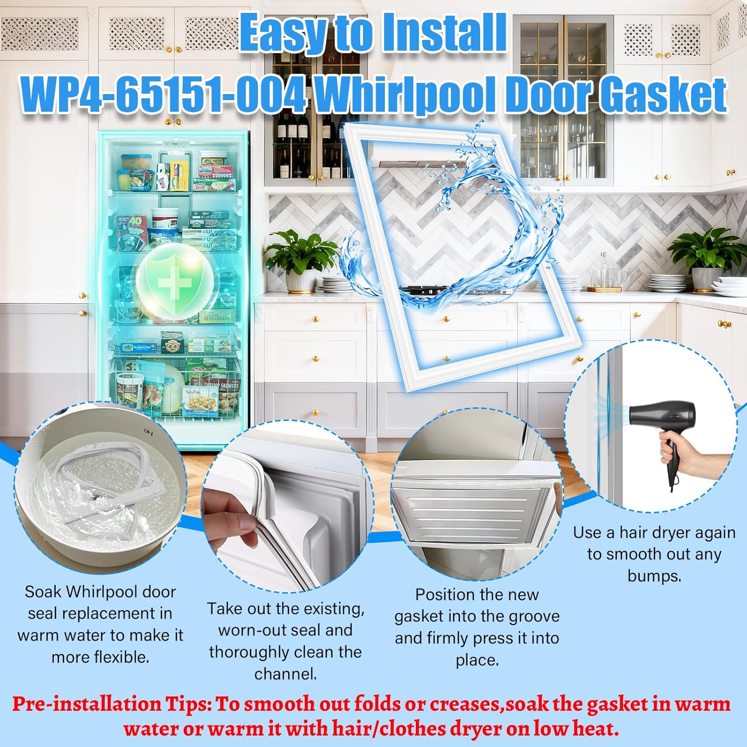 Upgraded WP4-65151-004 Freezer Door Gasket Compatible with Whirlpool Freezer Door Seal Replacement 4-65151-004,8210341,68001727 Maytag Refrigerator Door Seal Crosley Freezer Seal Amana Door Gasket