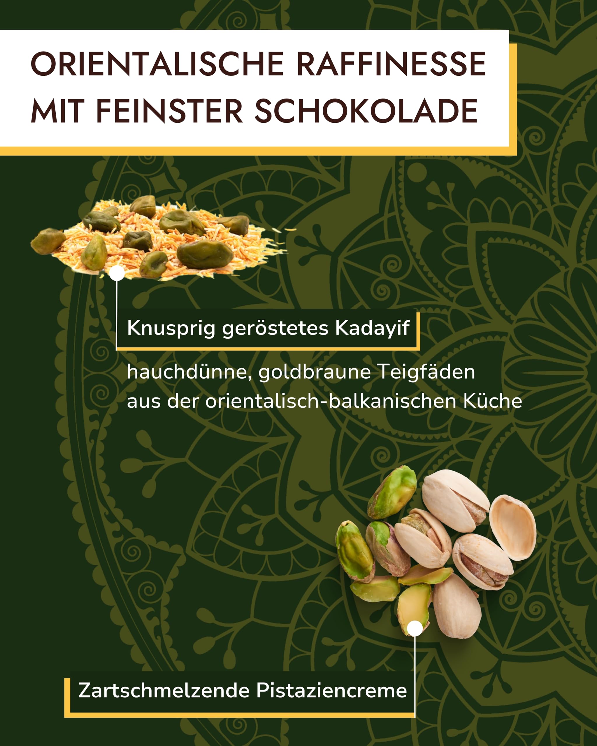 Rausch Pralinenkugeln Dubai Style – Dubai Pralinen mit zartschmelzender heller Schokolade, cremiger Pistazienfüllung und knusprigem Kadayif – 120g Packung mit 12 edlen Pistazien Pralinen