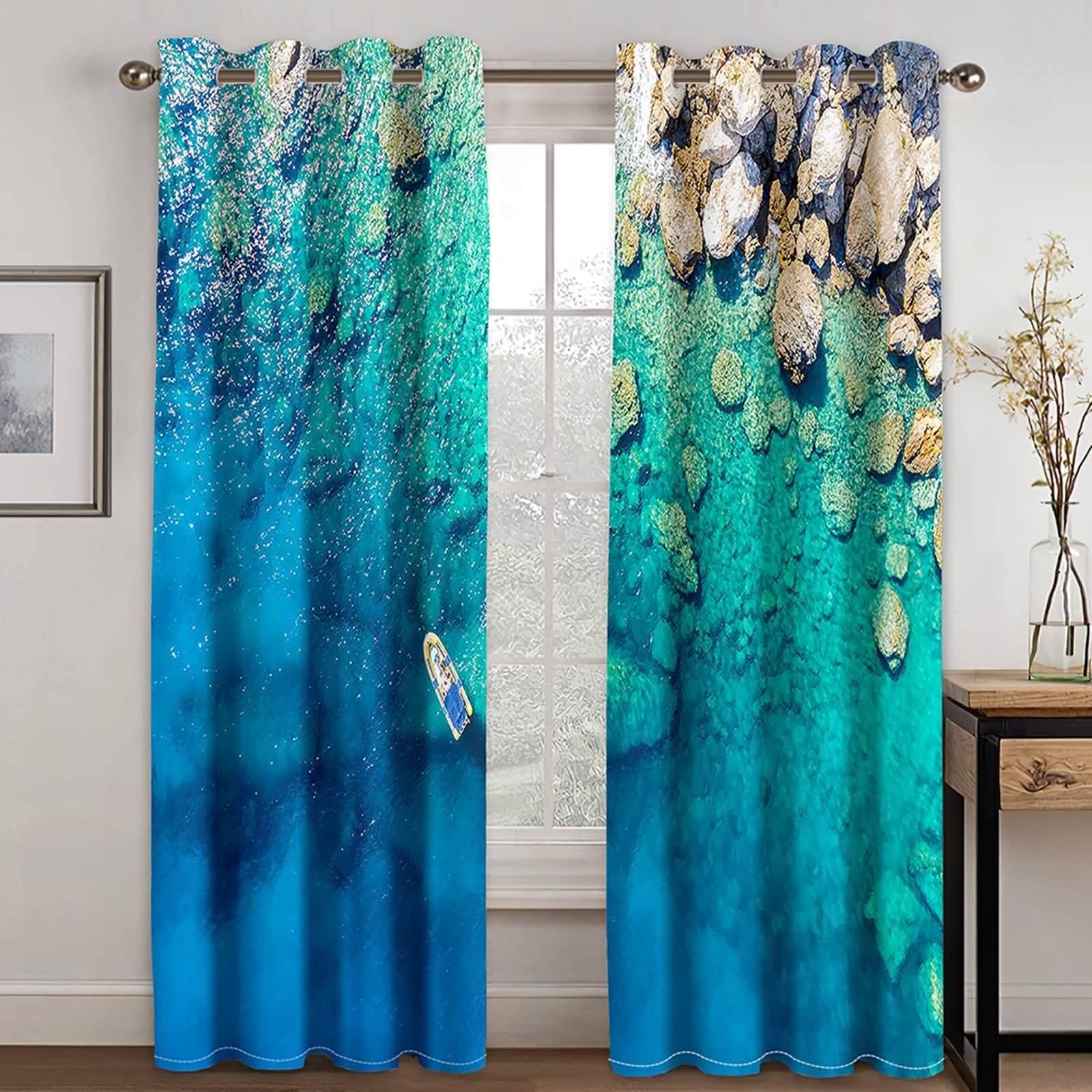 Vorhänge Schlafzimmer Modern, 86x115cm Blau Braun Meeresfelsen und Schiff Verdunklungsvorhänge mit Ösen