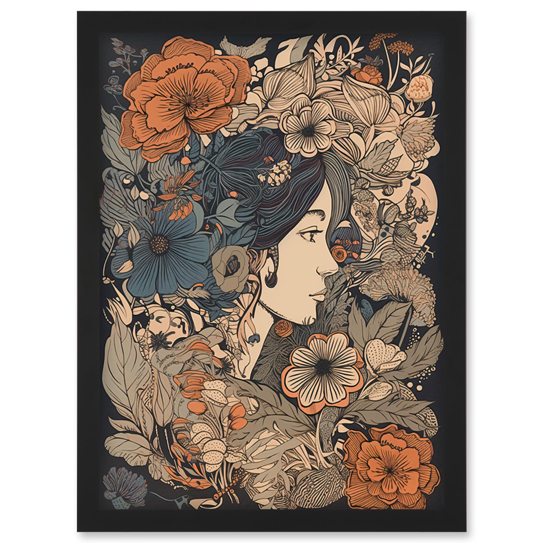 Artery8 Woman Floral Profile Portrait Boho Art Nouveau Artwork Framed Wall Art Print A4