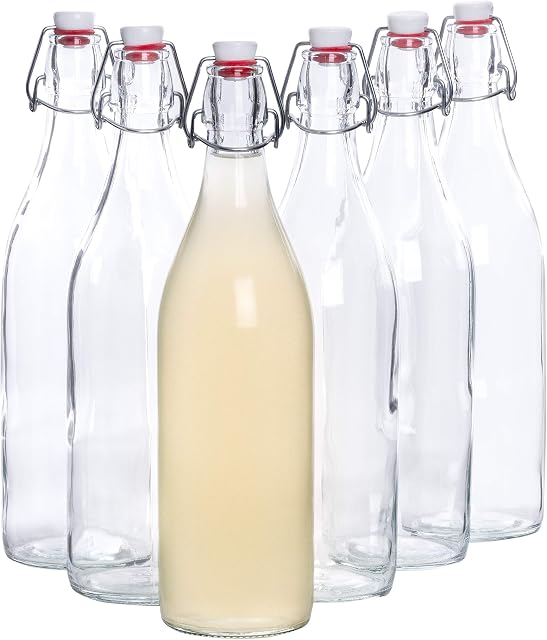 Bormioli glass bottles with cover 'Giara', 6 bottles, filling capacity 1000 ml, total height xx, perfect to add oils, to refine schnapps or to serve water, juices and wines