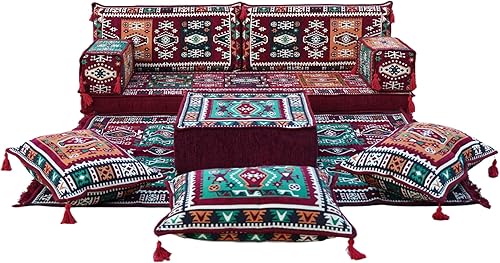 arabicsofa Asiento tradicional Jalsa árabe granate, asiento bajo hecho a mano con cojines y funda lavable