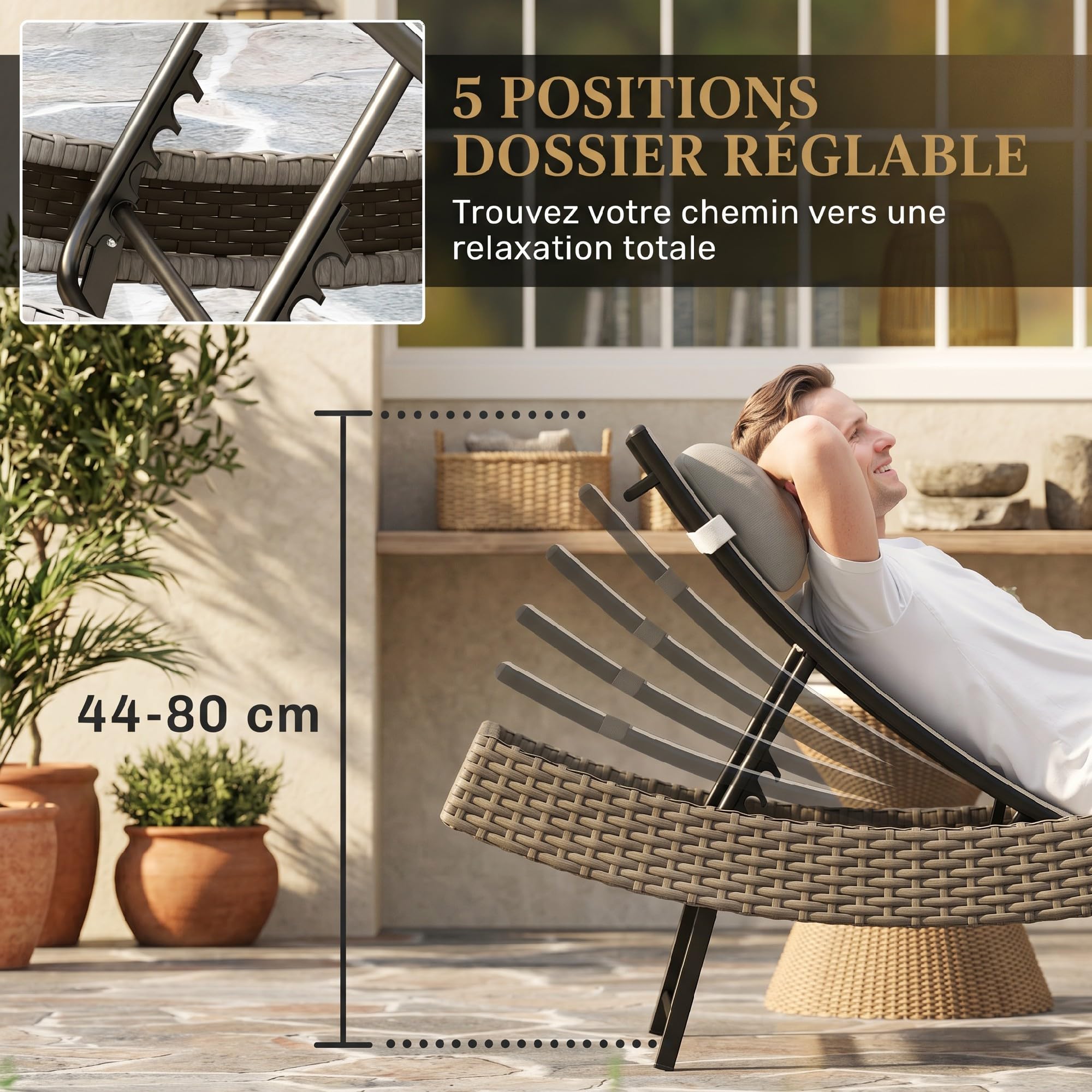 Outsunny Chaise Longue en Résine Tressé Bain de Soleil Jardin Gris Clair