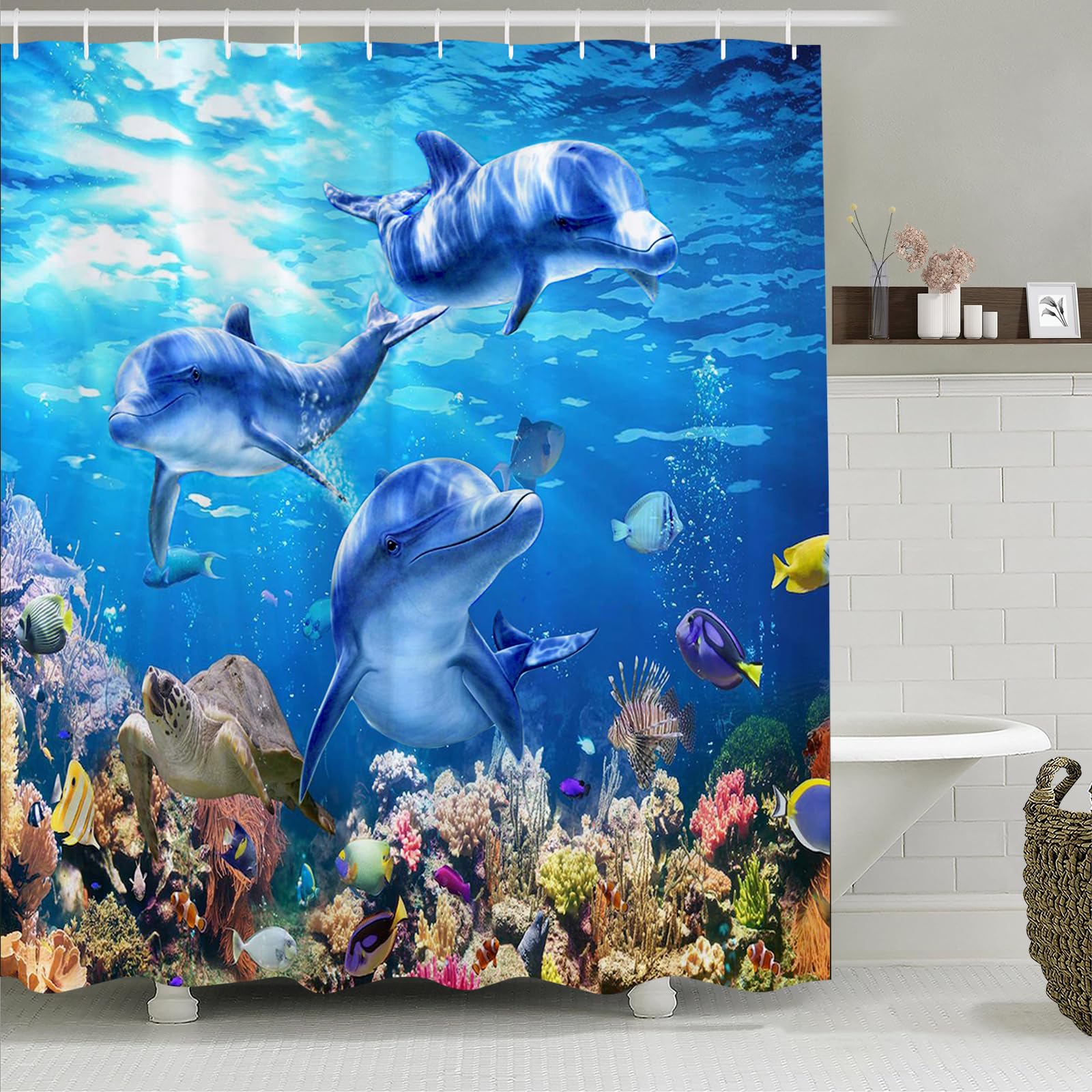 Simpomsy Dolphin Bathroom Curtains, Blue Ocean Shower Curtain 150x180cm