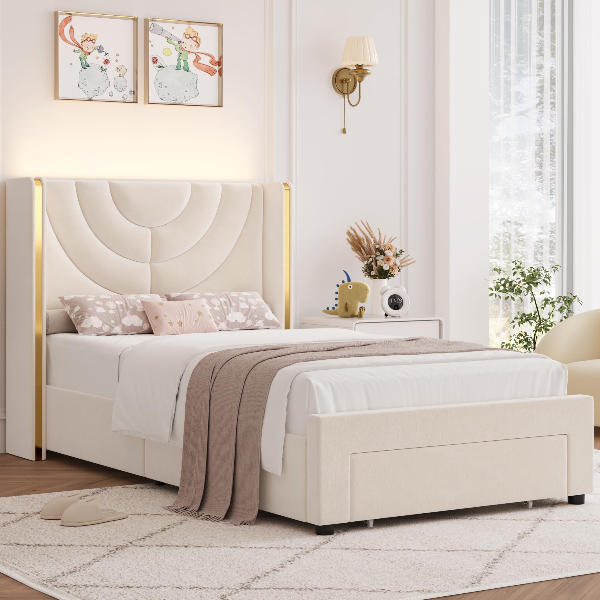 HITHOS Twin Upholstered LED Bed Frame with Storage Drawer, Velvet Kids Bed with Wingback Headboard, Princess Twin Platform Bed for Girls/Kids, Solid Wood Slats Support, No Box Spring Needed, Beige