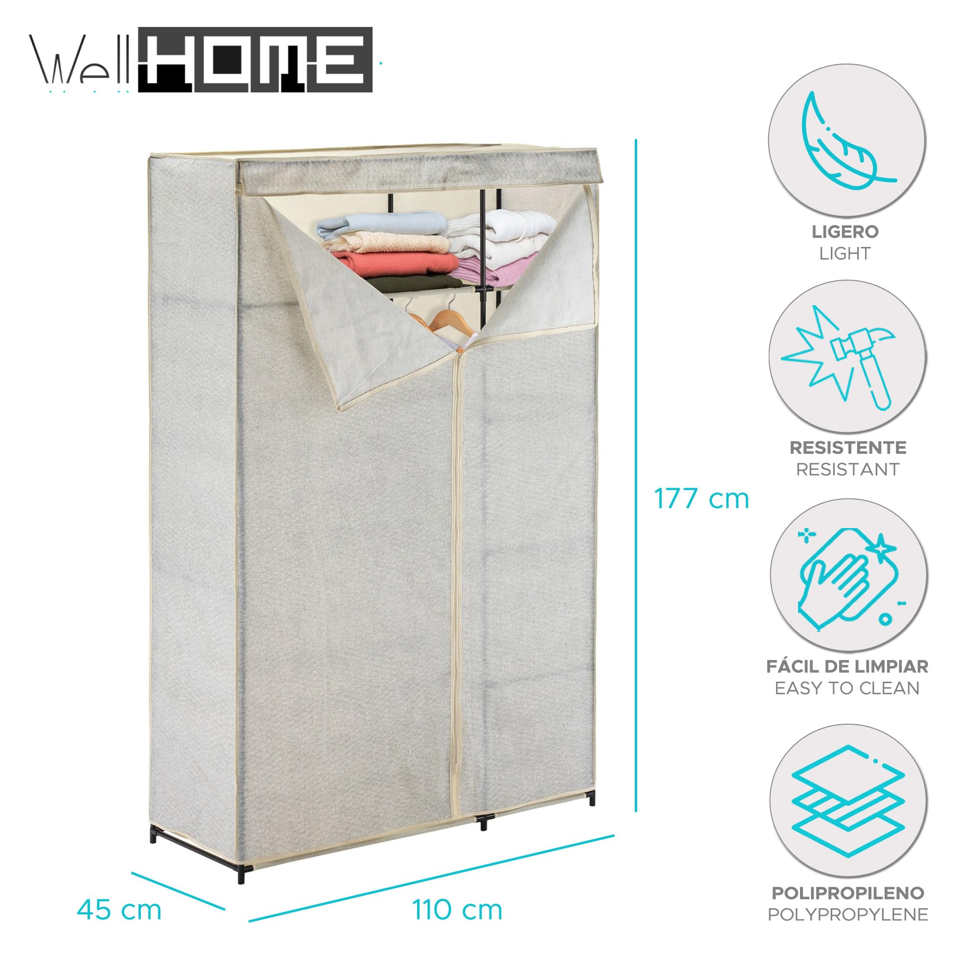 Well Home Armario de Tela Plegable XL con Barra para Colgar Ropa - 110x174,5x45 cm