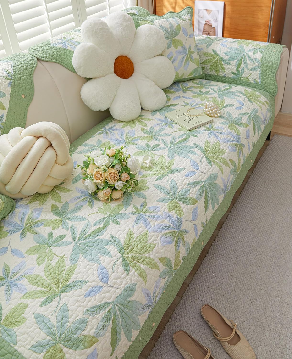 vctops Green Leaf Cotton Sofa Couch Cover for Dogs Botanical Pattern Sectional Couch Covers Soft Quilted Non Slip Sofa Slipcover Washable Furniture Protector for Pet Cat (Green,43"x43")