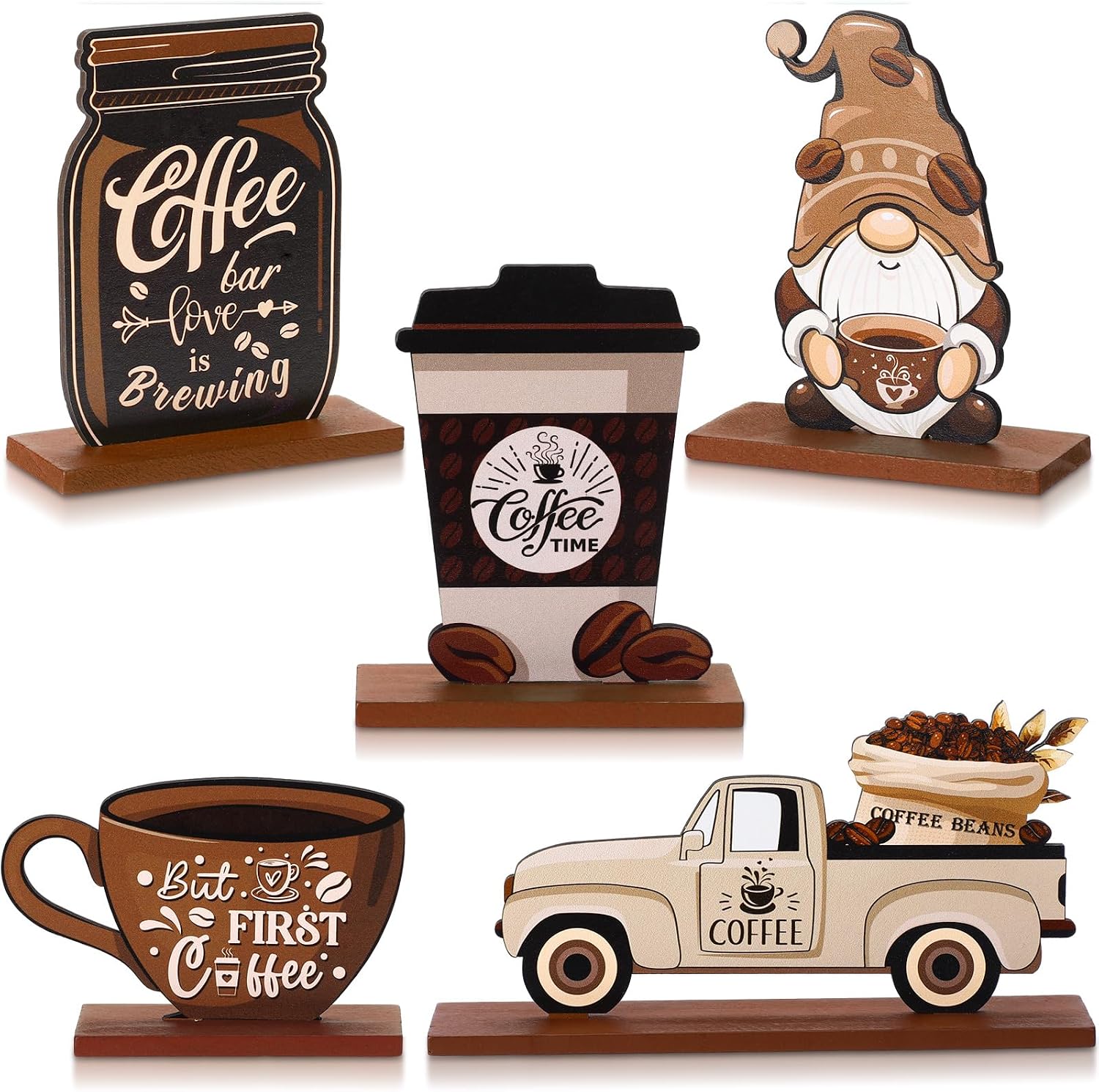 Blulu 5 Pcs Coffee Bar Decor Farmhouse Coffee Wooden Signs with Stand