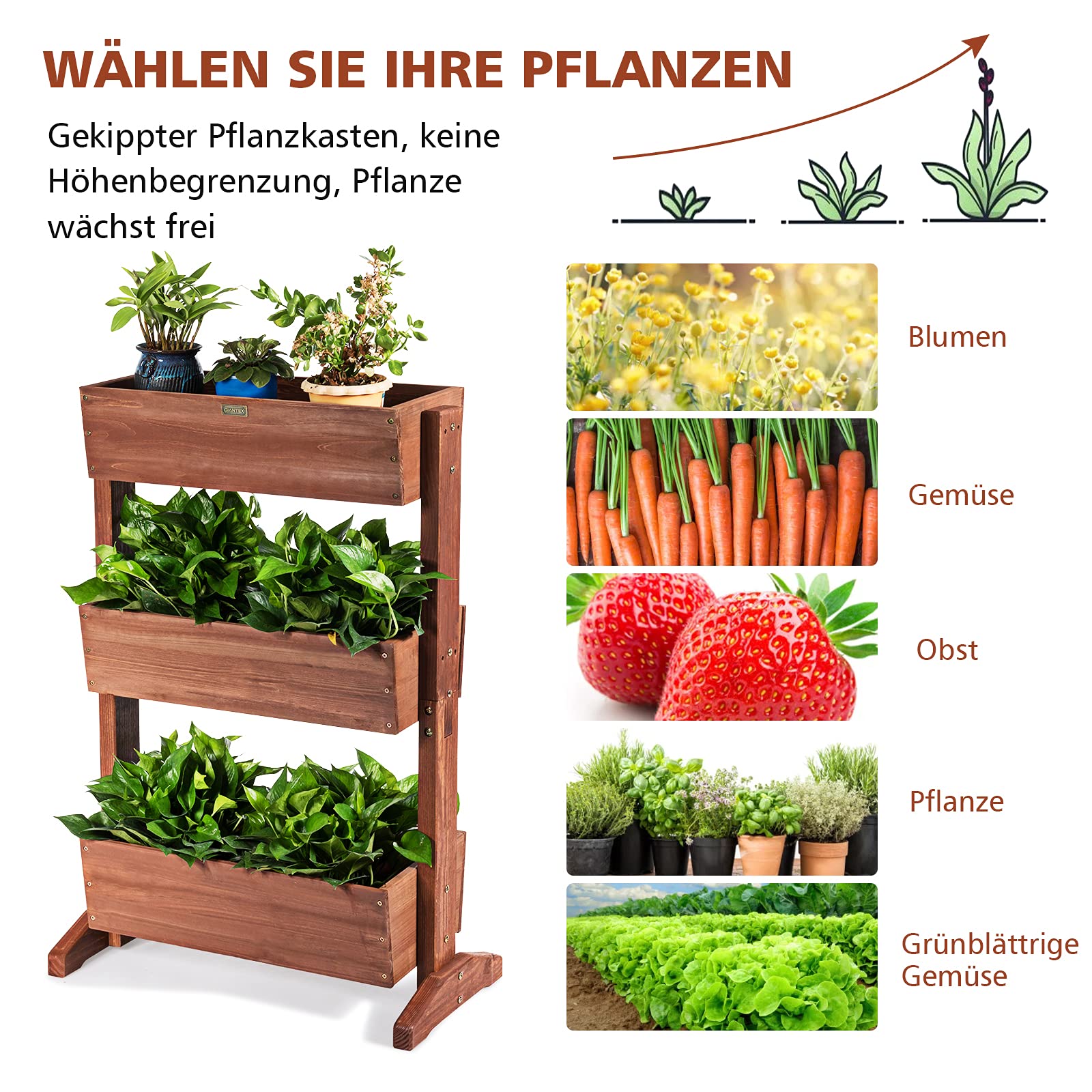 COSTWAY vertikales Hochbeet mit 3 Etagen, Blumenbeet mit 3 verstellbaren Pflanzkästen & Ablauflöchern, Blumentreppe Gartenbeet Tannenholz, Blumenkasten für Terrasse Balkon Garten, Braun (71x38x105cm)