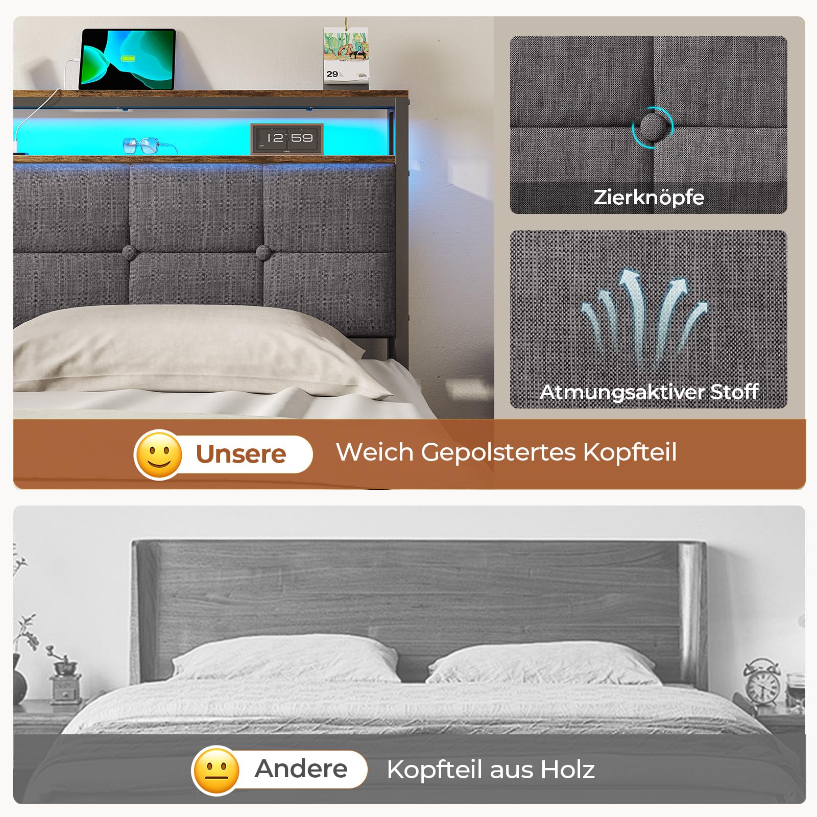 AOGLLATI Letto imbottito 140 x 200 cm con rete a doghe in metallo, struttura del letto con illuminazione a LED e prese Letto doppio con testiera in legno