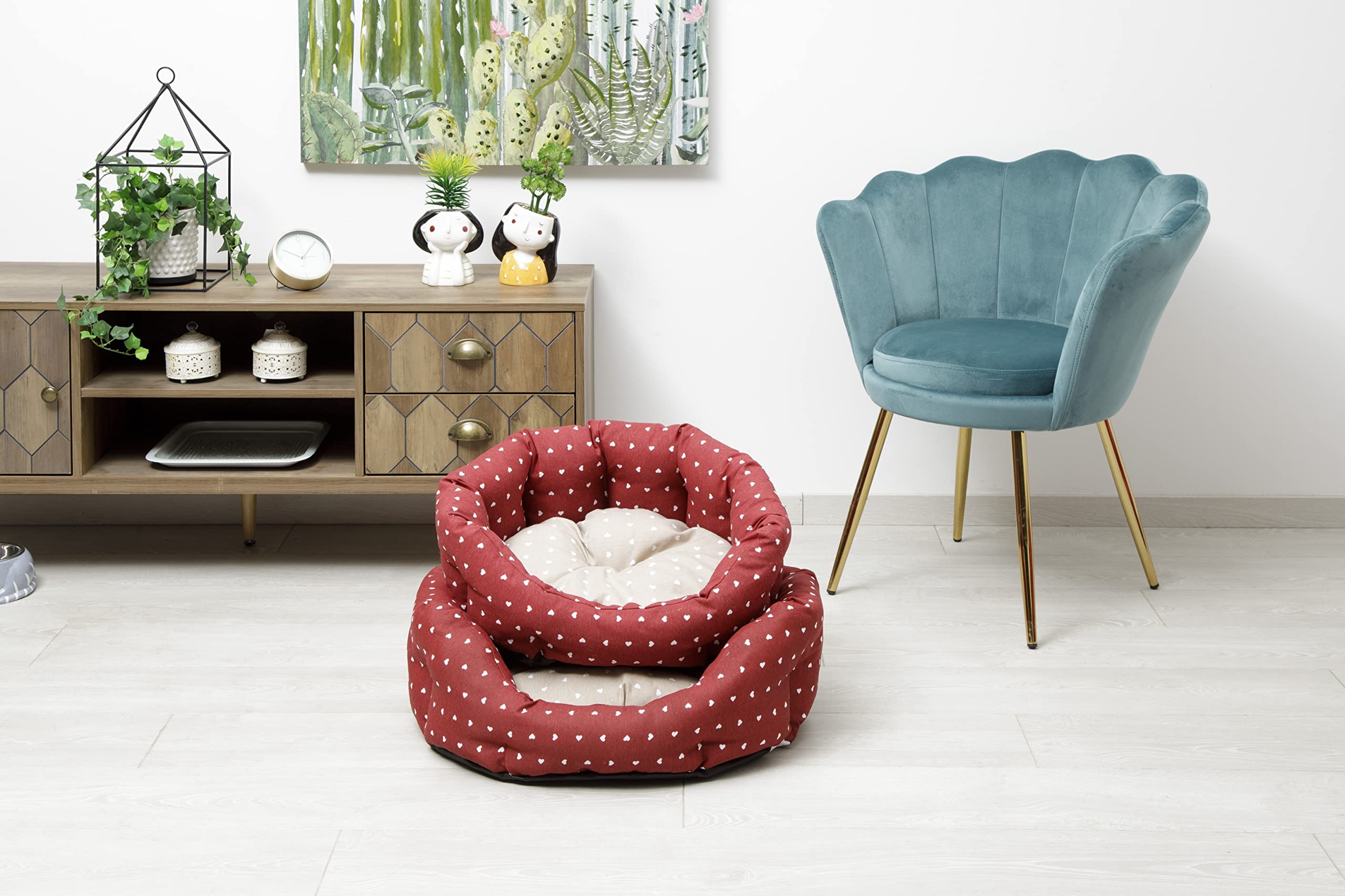 Baroni Home Hundebett aus Stoff, Größe M, weiches rundes Hundematte für Hunde und Katzen, bequem, für Schlafzimmer Wohnzimmer Flur, waschbar (45x55 cm, Beige und Rot mit Herzen)