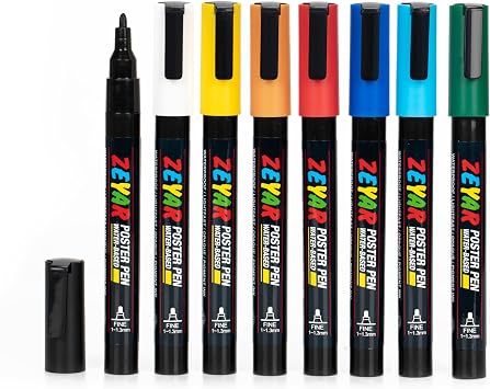 ZEYAR Poster Pen, Paint Marker Pen Water-based pigment ink, Bullet Fine Point 1-1.3mm, Multi Surface Use On Poster Cardboard Canvas Wood Metal Glass Fabric Rock Porcelain for art & crafts