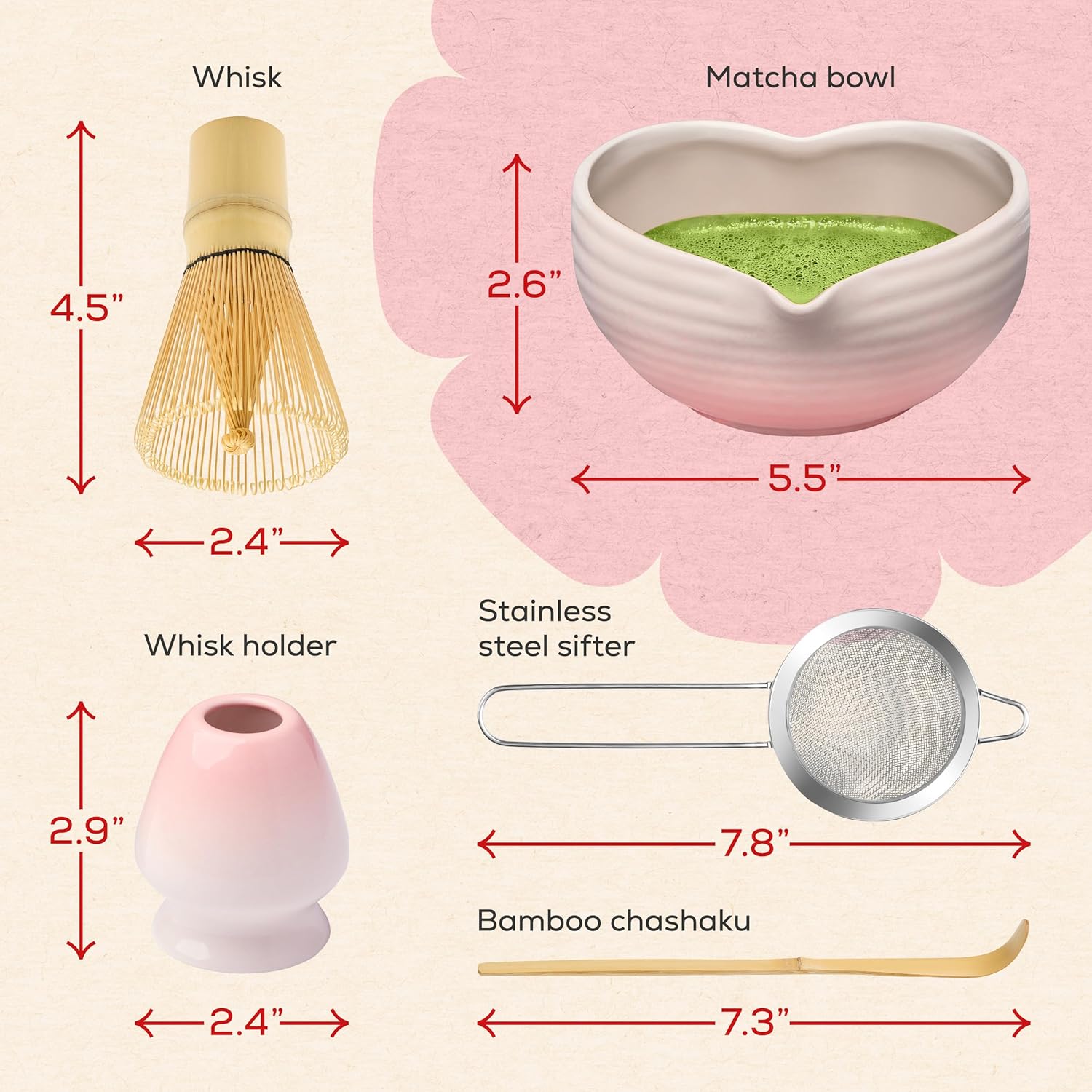 Rehny’s Matcha Whisk Set | Complete Pink Matcha Set w/Heart-Shaped Bowl, Bamboo Whisk, Holder, Stainless Steel Sifter, Bamboo Scoop | Cute Gift Present Macha Kit Handmade Bowl | Macha Powder Tea Kit