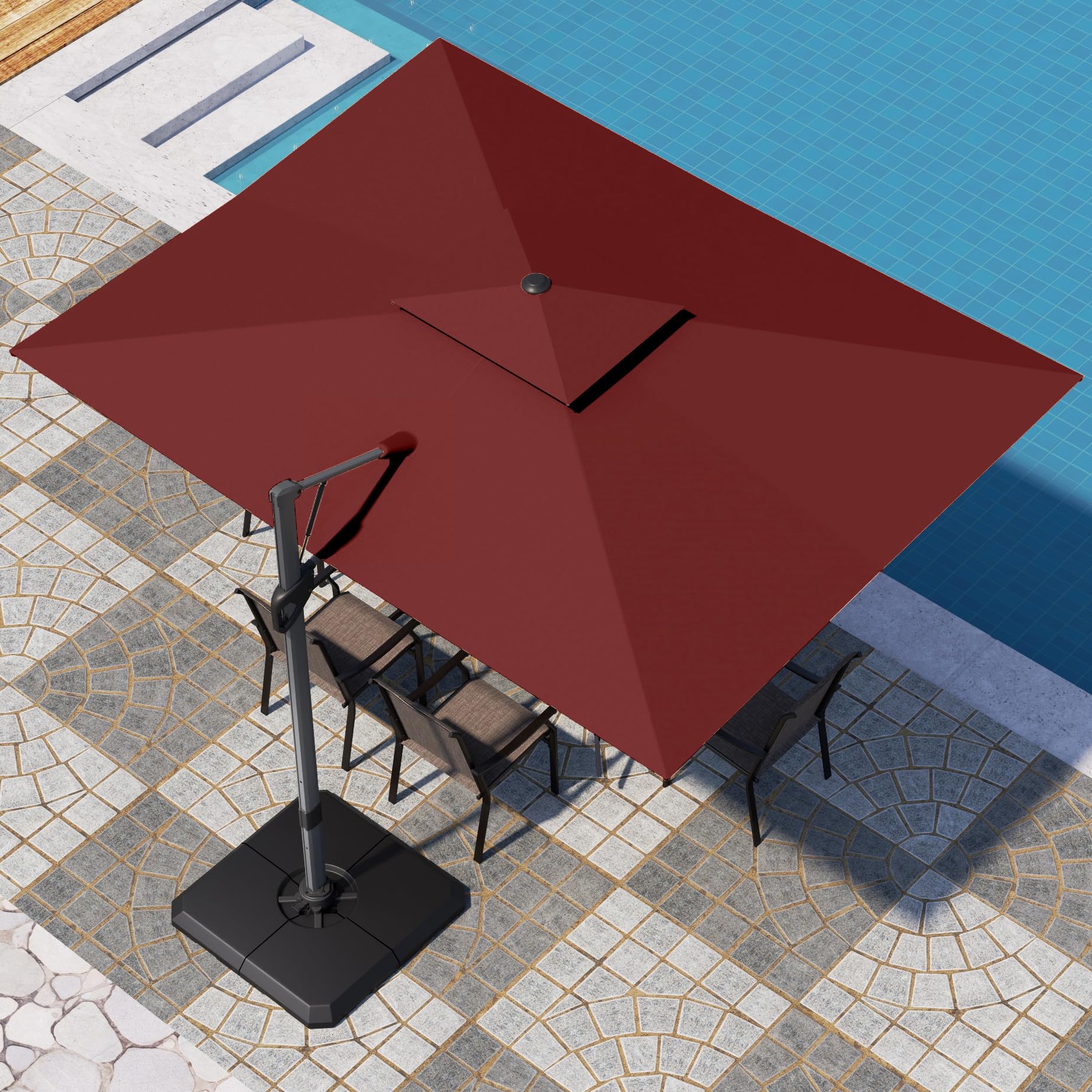 PHI VILLA 9' X 12' Cantilever Patio Umbrella with Base, Outdoor Large Rectangular Umbrellas with 360°Rotation, Heavy Duty Hydraulic Double Umbrella Windproof for Outside, Red